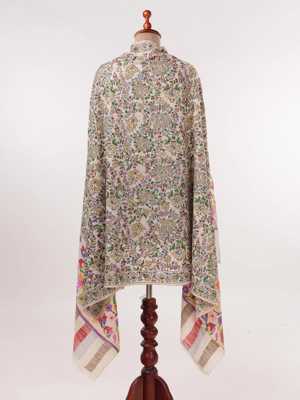 Natural White Handwoven Pashmina Shawl with Hand Kalamkari Embroidery Shahkaar.com