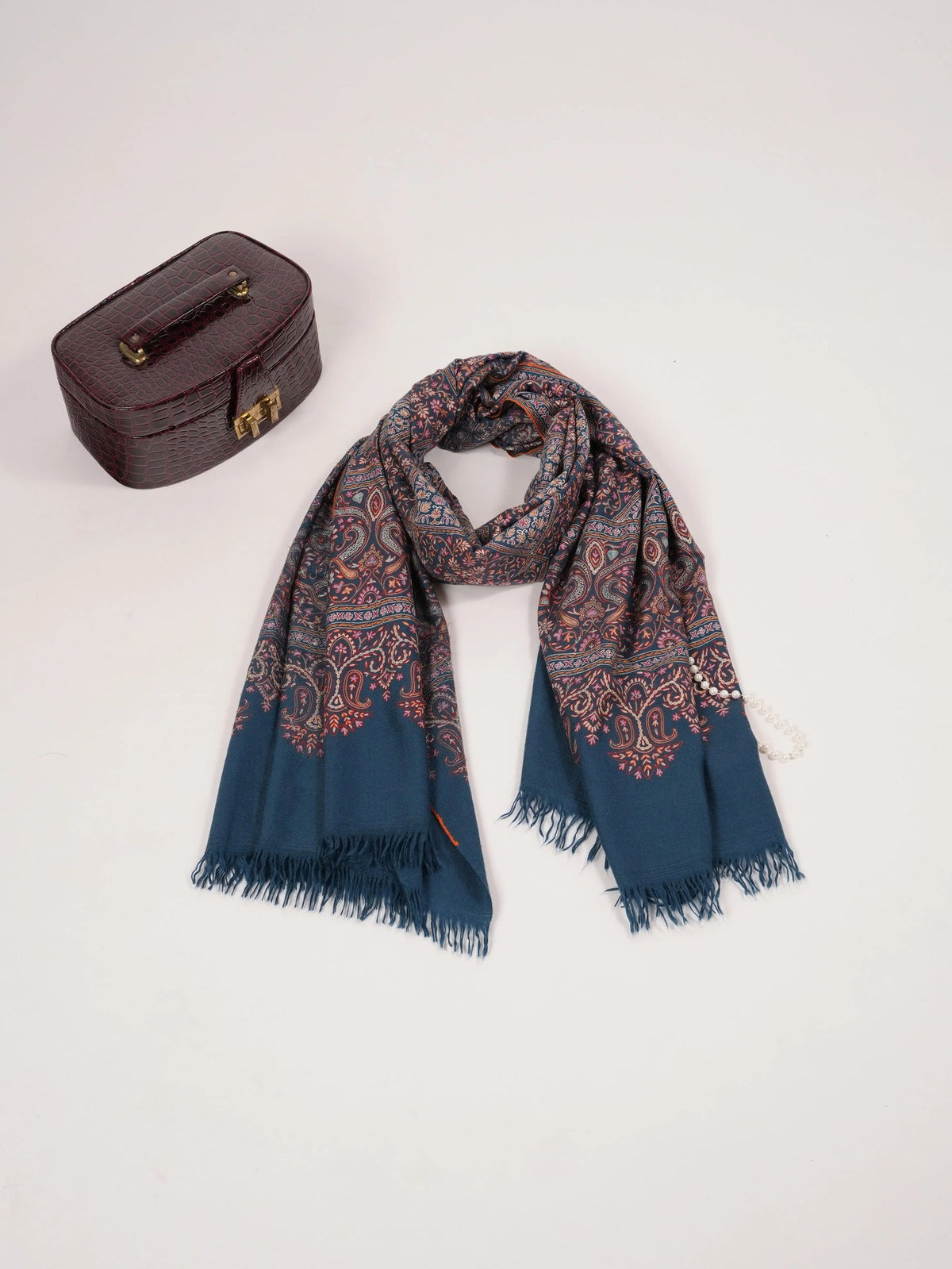 Kalamkari Handwoven Navy Blue Pashmina Shawl with Hand Embroidery Shahkaar.com