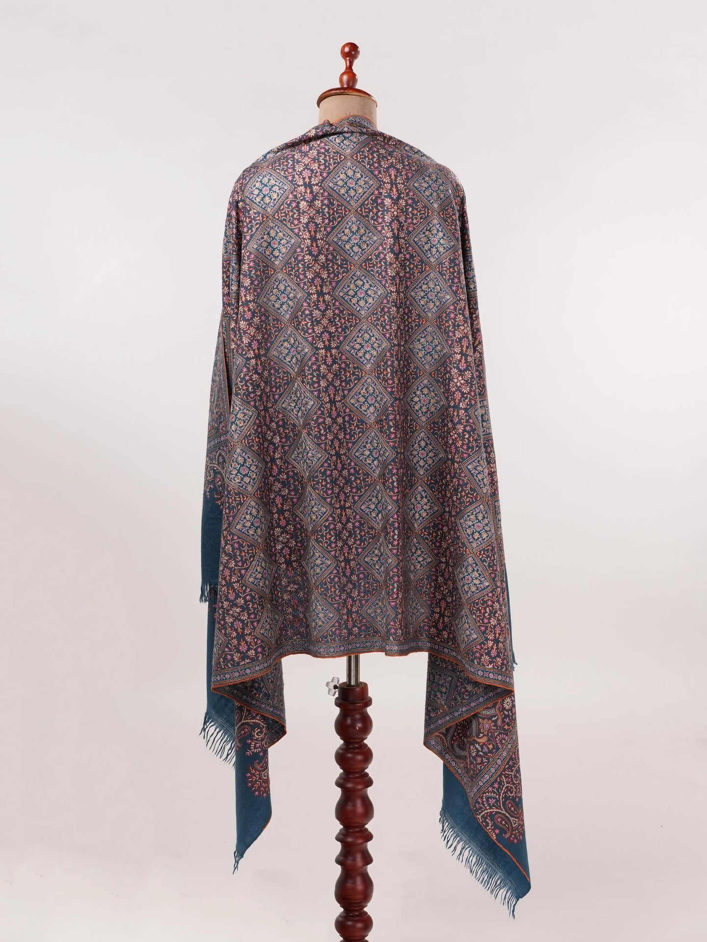 Kalamkari Handwoven Navy Blue Pashmina Shawl with Hand Embroidery Shahkaar.com