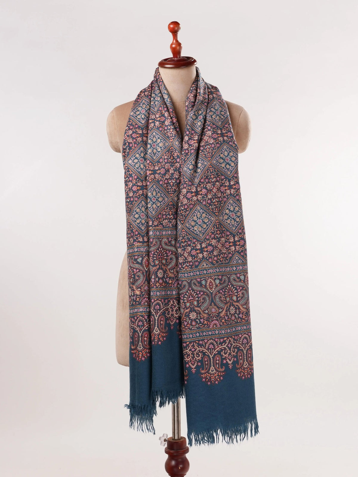 Kalamkari Handwoven Navy Blue Pashmina Shawl with Hand Embroidery Shahkaar.com