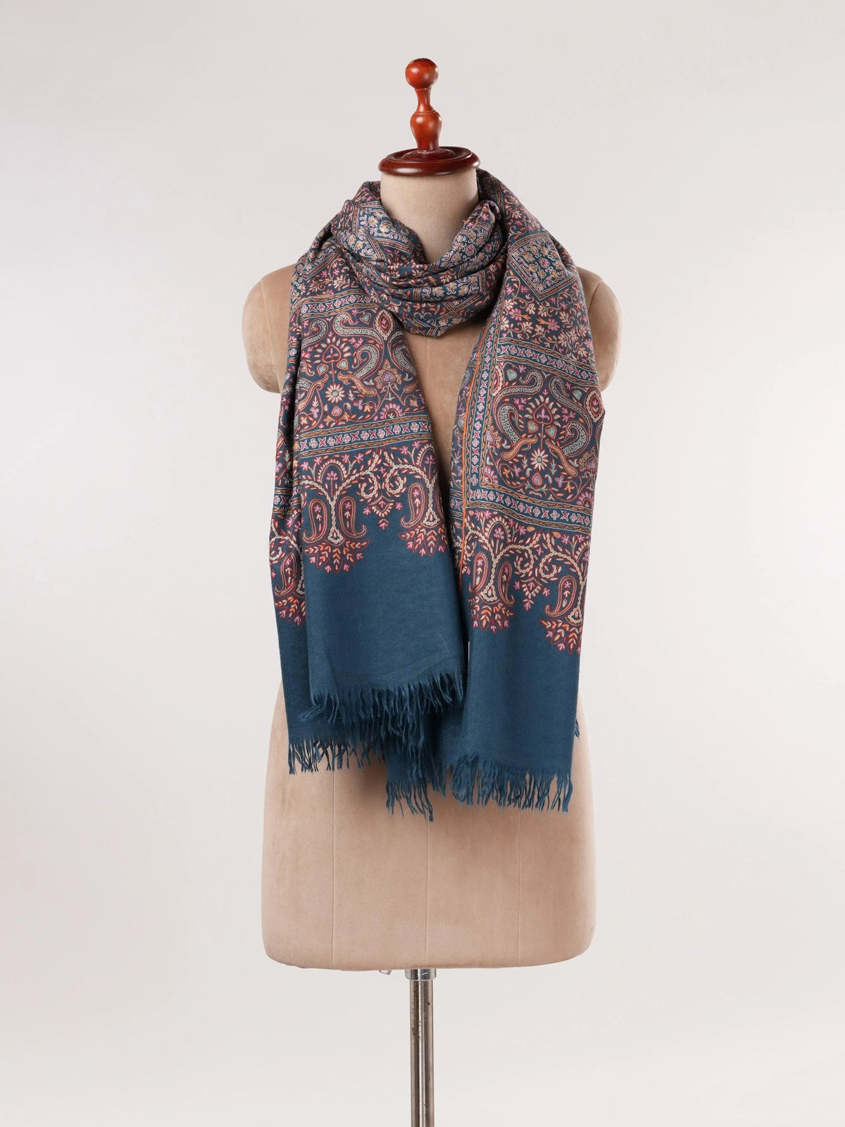 Kalamkari Handwoven Navy Blue Pashmina Shawl with Hand Embroidery Shahkaar.com