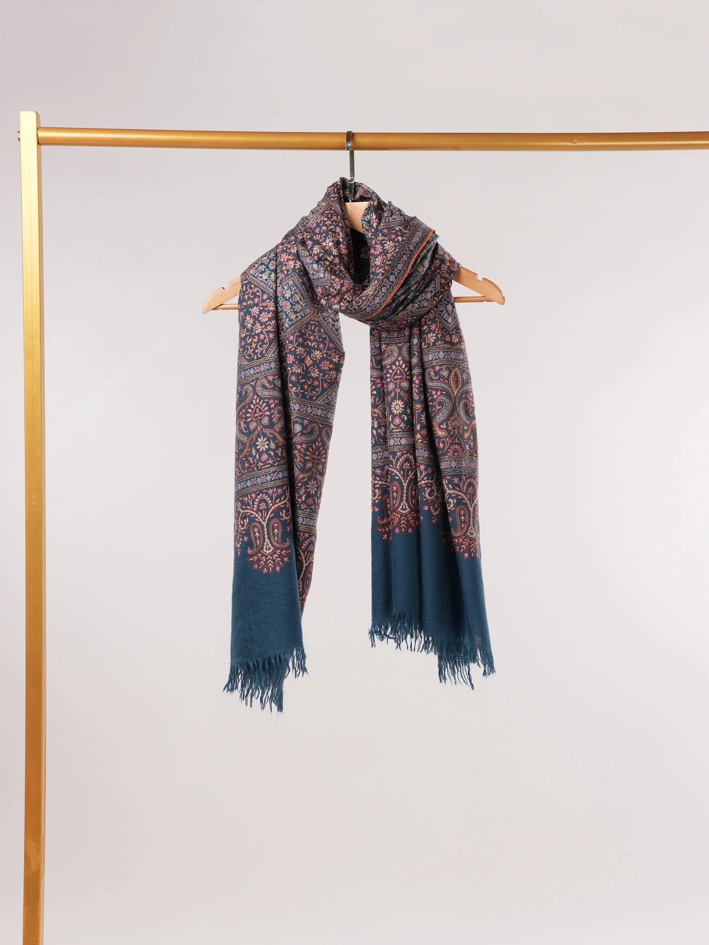 Kalamkari Handwoven Navy Blue Pashmina Shawl with Hand Embroidery Shahkaar.com