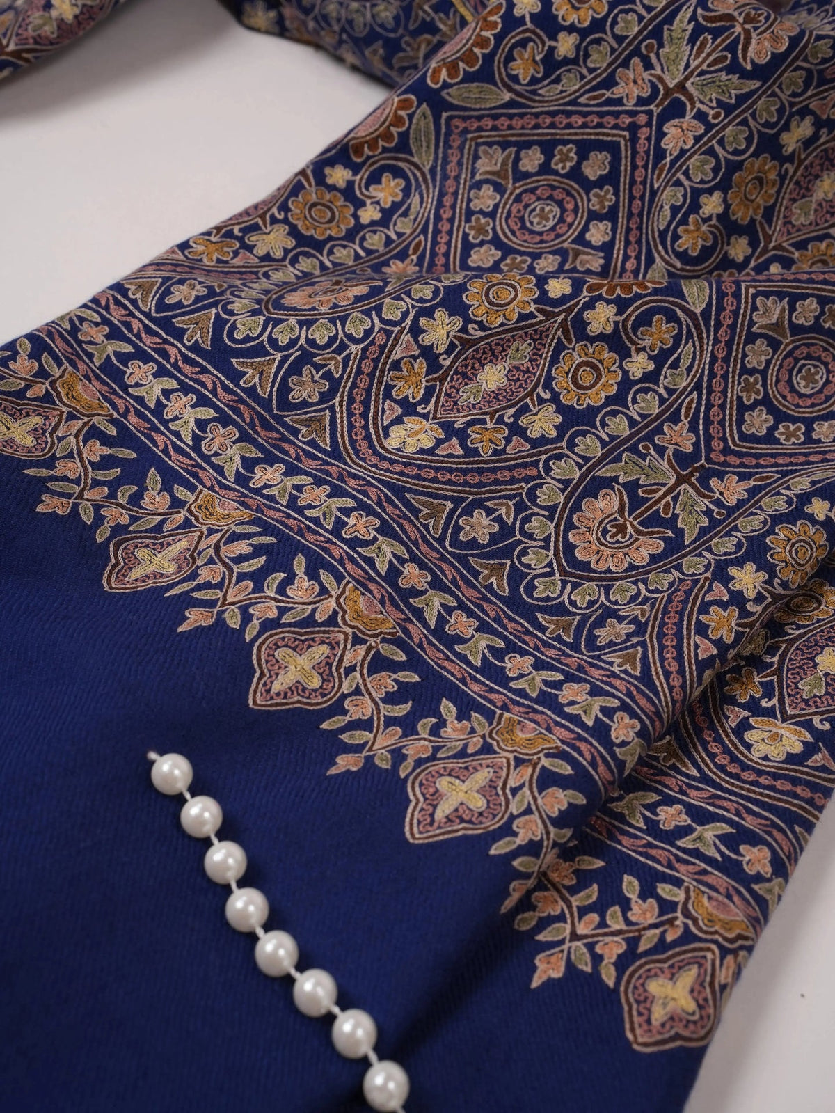 Deep Blue Cashmere Scarf with Hook Embroidery