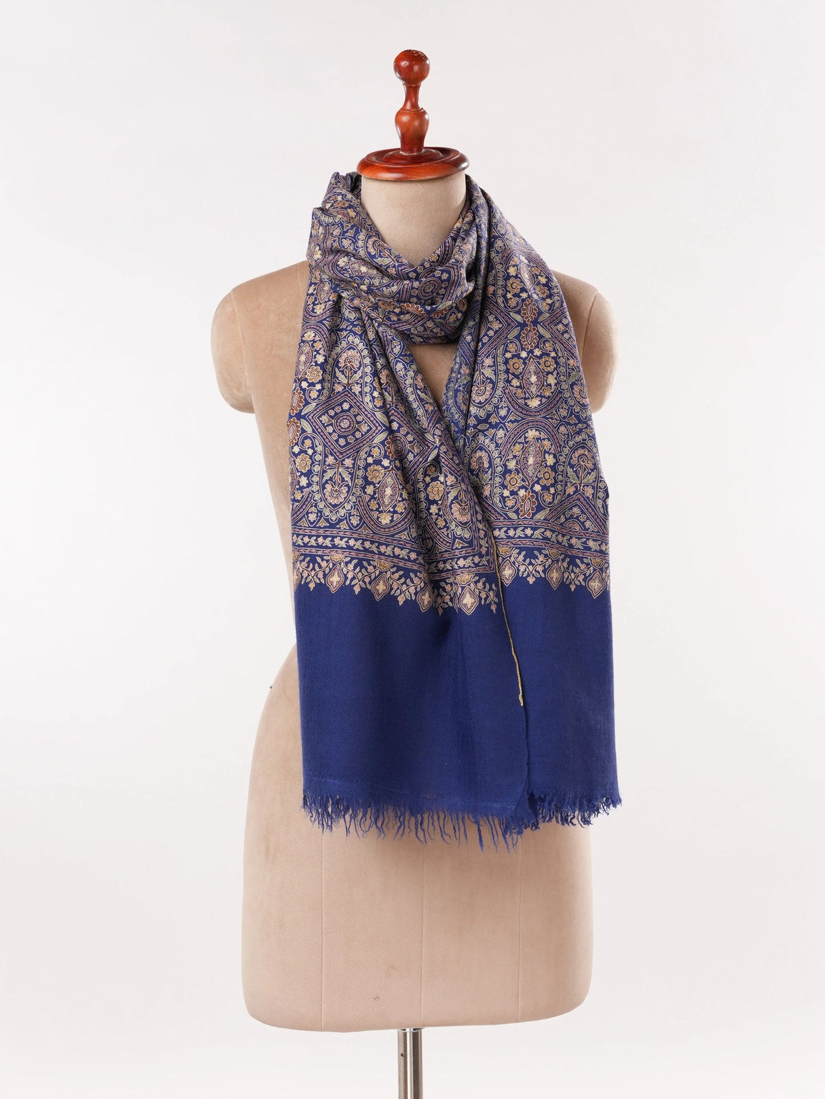 Deep Blue Cashmere Scarf with Hook Embroidery