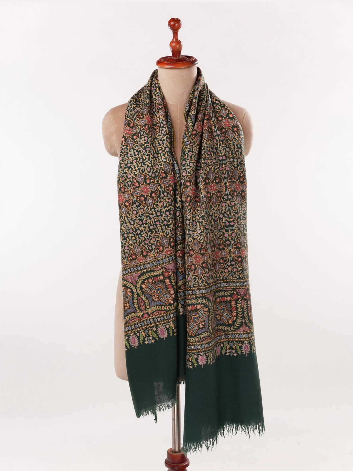 Dark Green Authentic Cashmere Scarf with Hook Embroidery