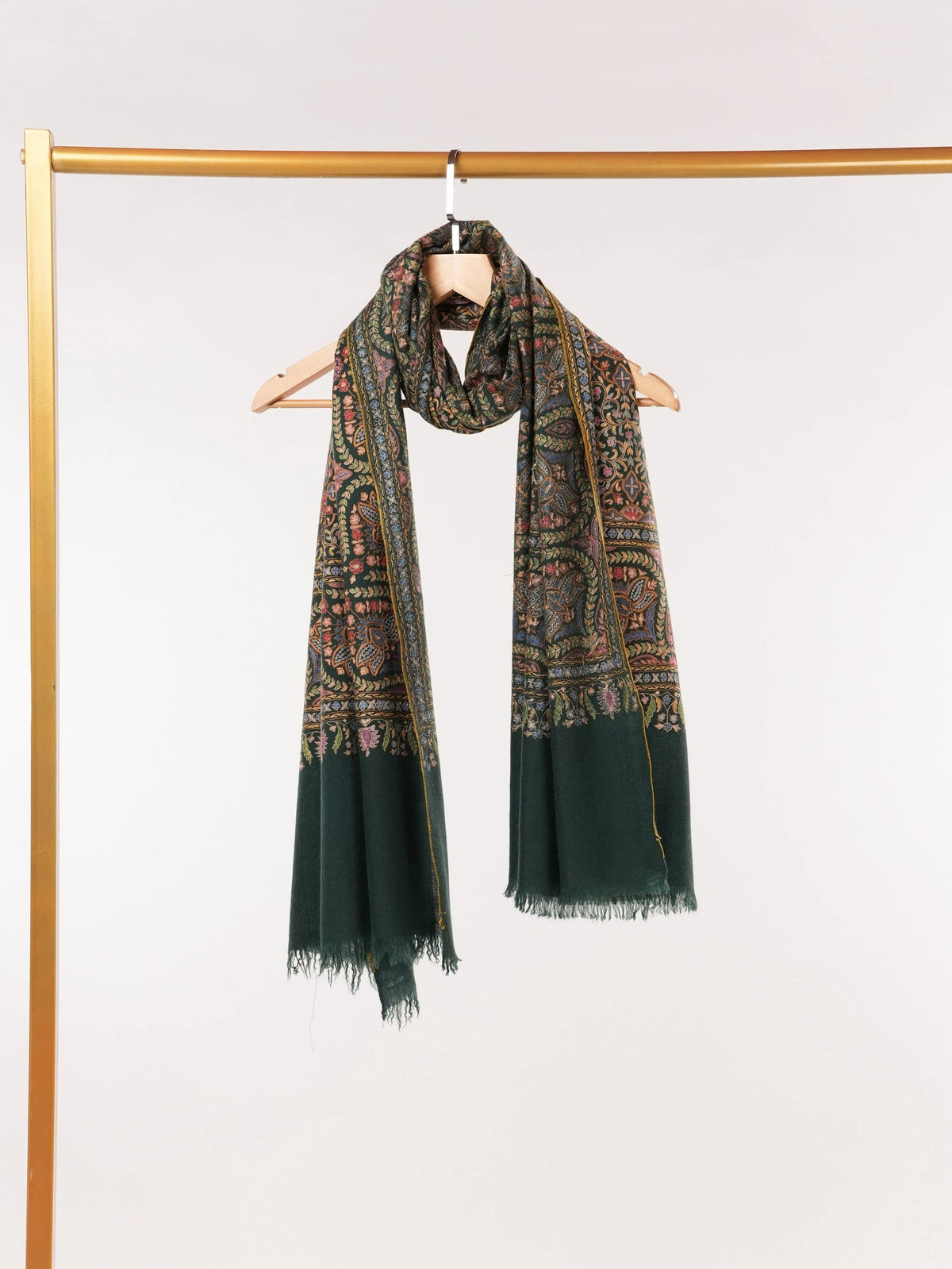Dark Green Authentic Cashmere Scarf with Hook Embroidery