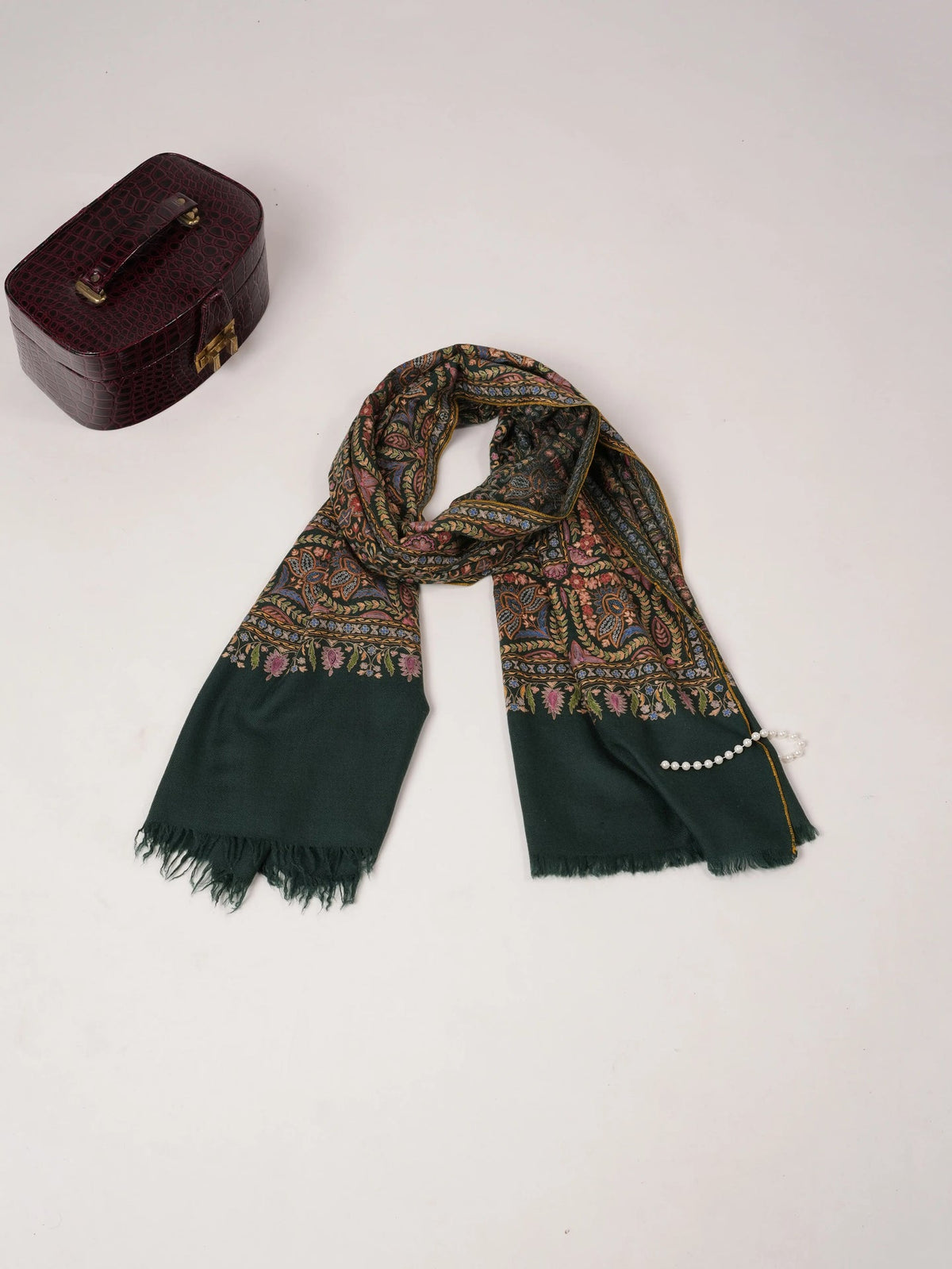 Dark Green Authentic Cashmere Scarf with Hook Embroidery