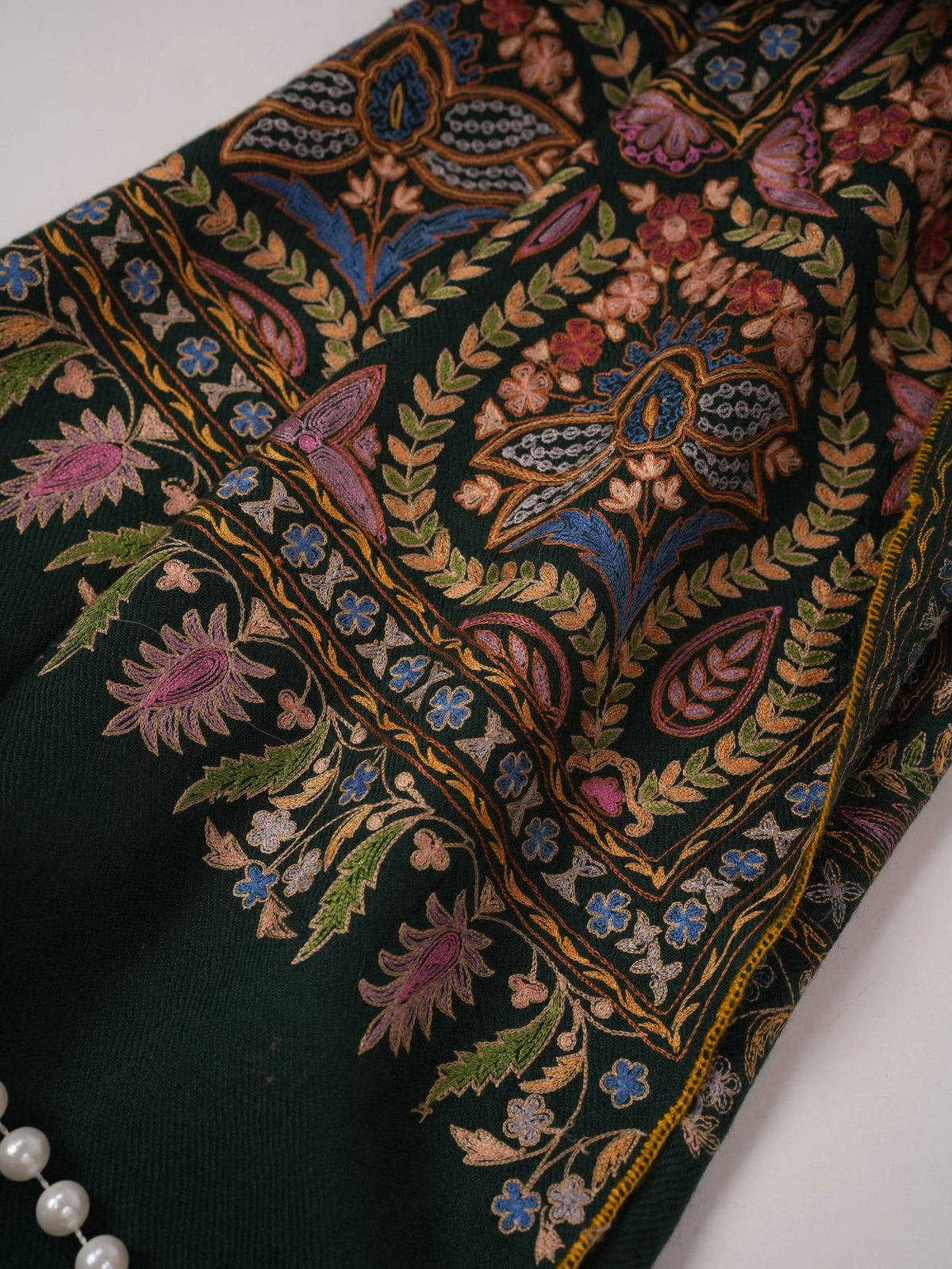 Dark Green Authentic Cashmere Scarf with Hook Embroidery
