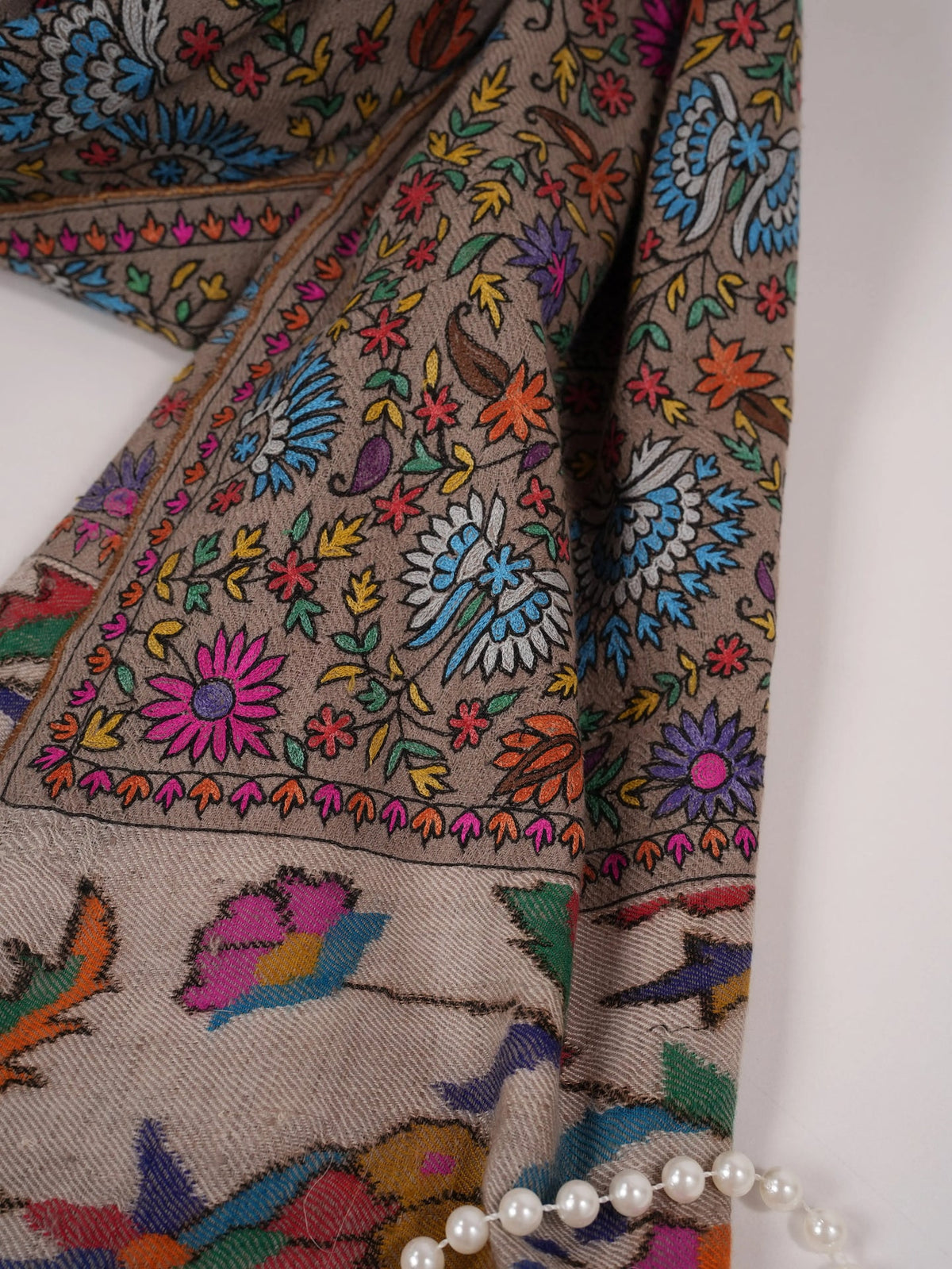 Kalamkari Taupe Handwoven Pashmina Shawl with Hand Embroidery Shahkaar.com