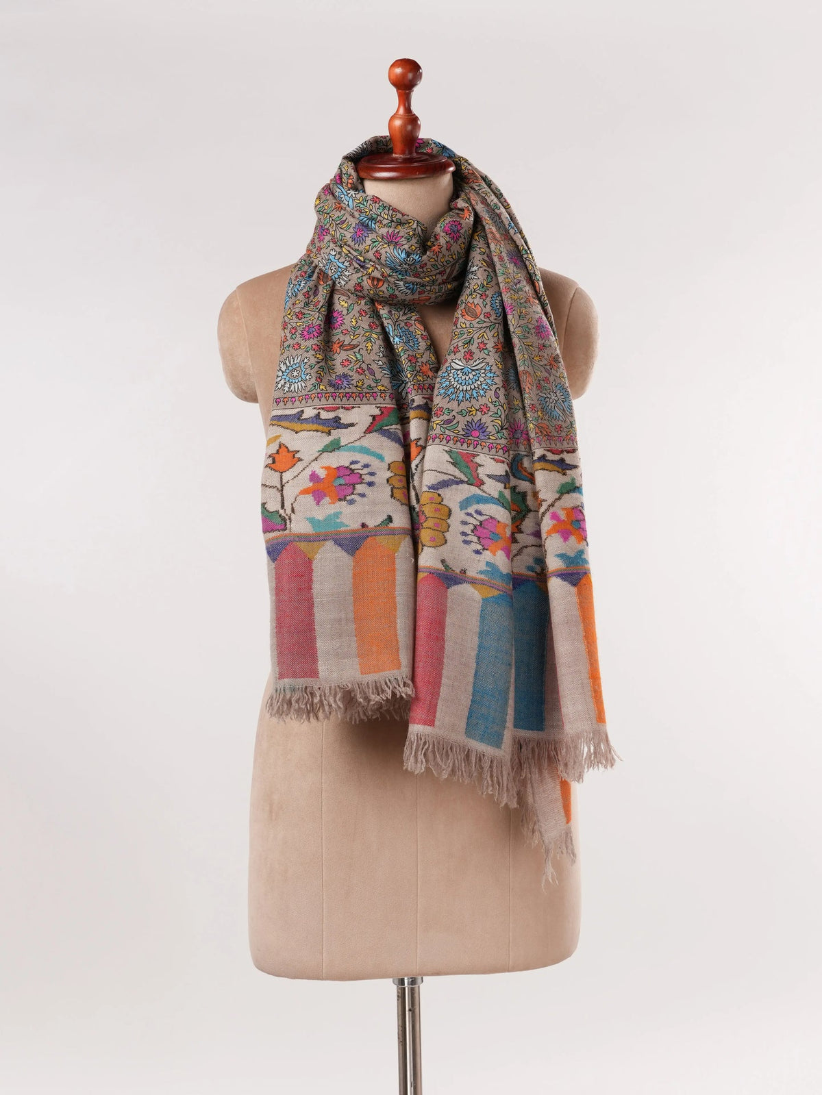 Kalamkari Taupe Handwoven Pashmina Shawl with Hand Embroidery Shahkaar.com