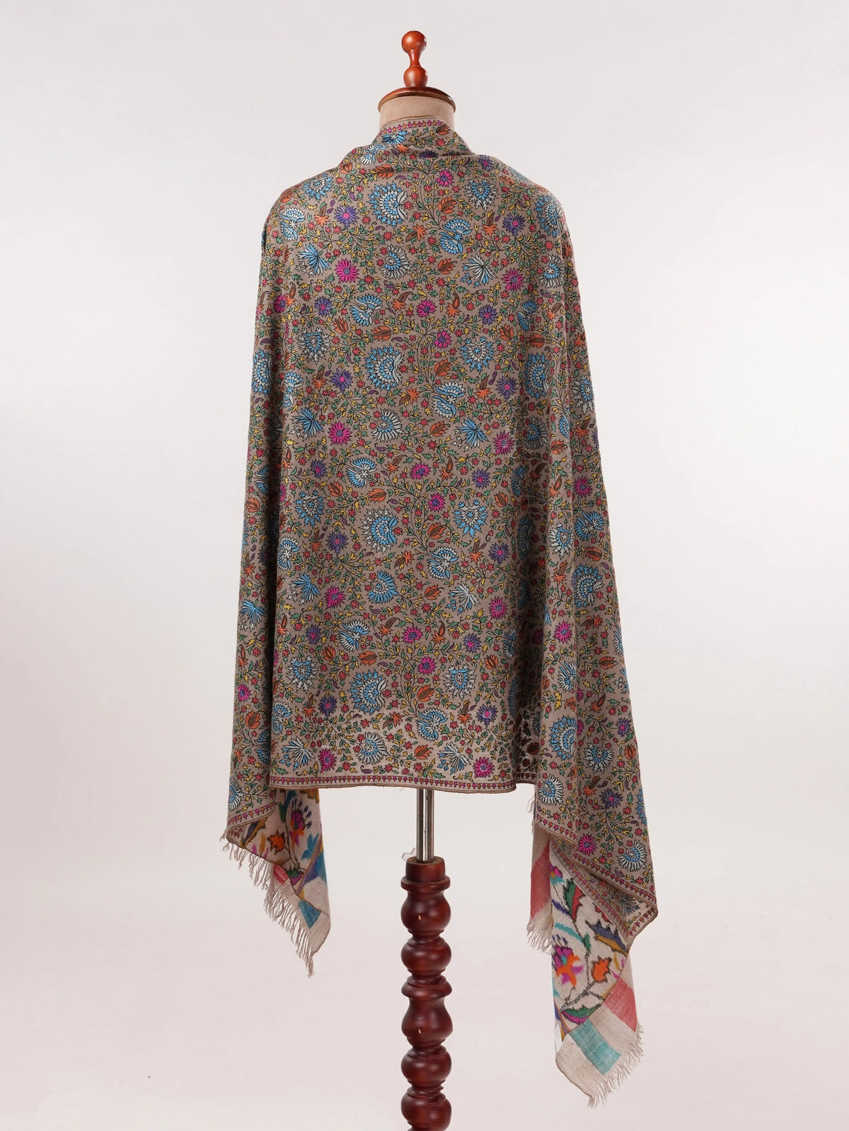 Kalamkari Taupe Handwoven Pashmina Shawl with Hand Embroidery Shahkaar.com