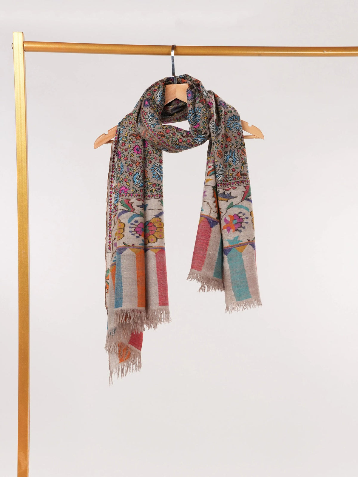 Kalamkari Taupe Handwoven Pashmina Shawl with Hand Embroidery Shahkaar.com