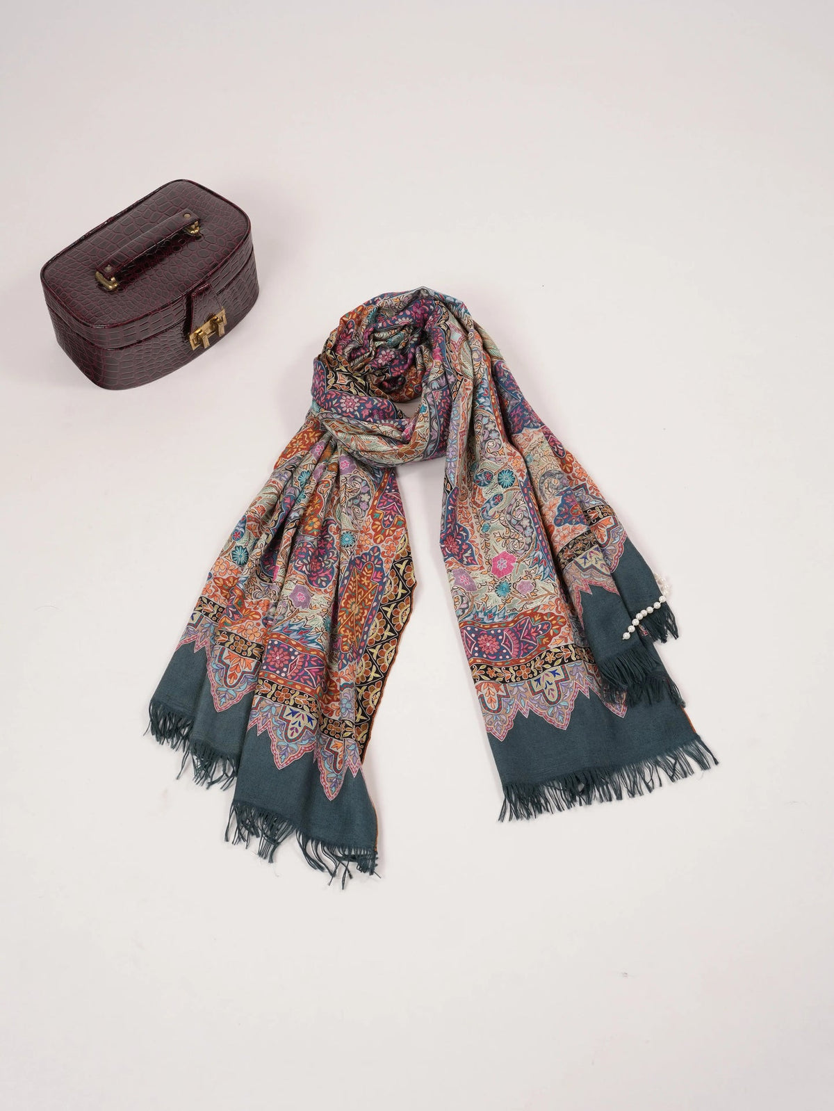 Hand Embroidered Kalamkari Authentic Grey Handwoven Pashmina Shawl Shahkaar.com