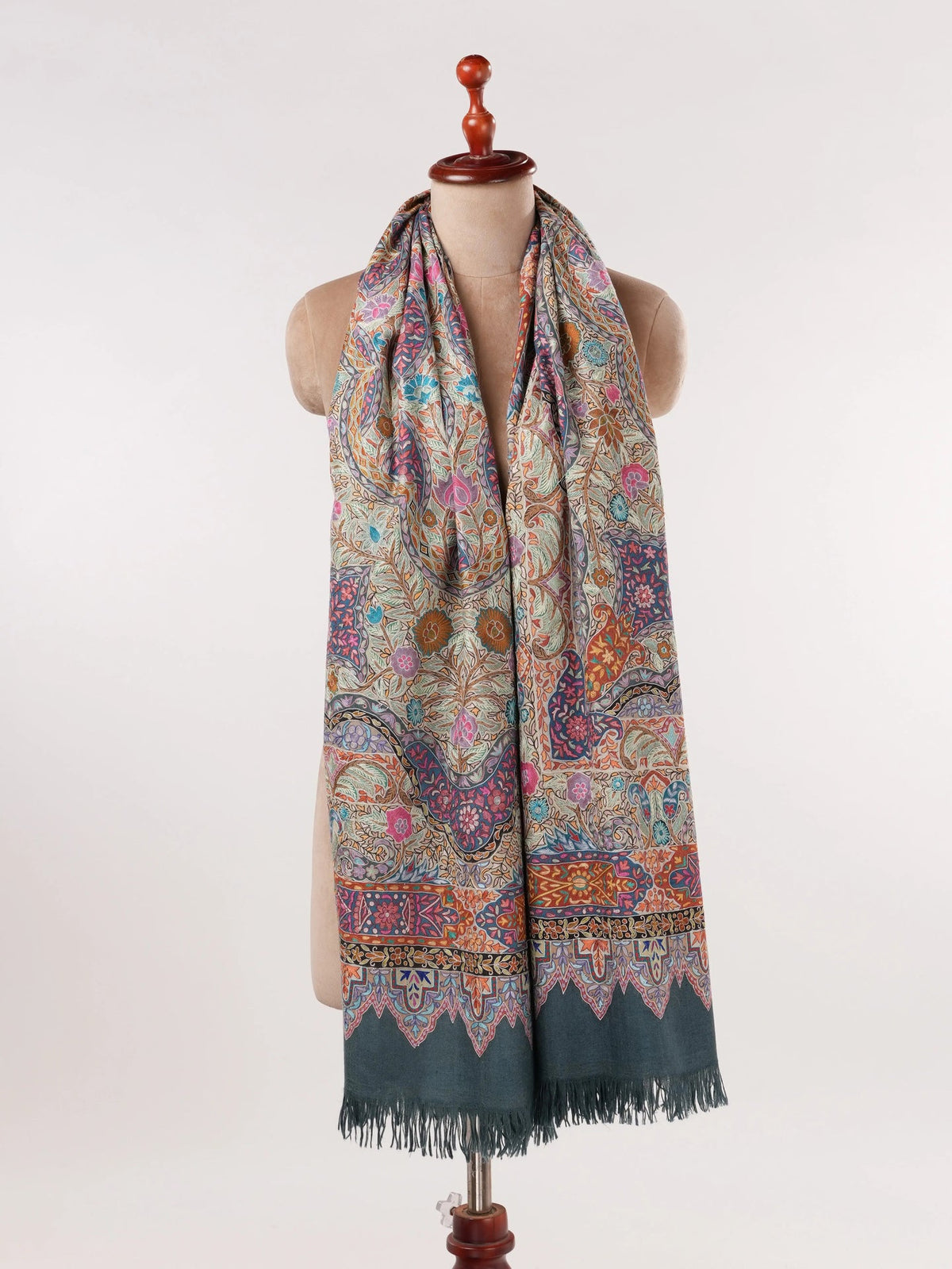 Hand Embroidered Kalamkari Authentic Grey Handwoven Pashmina Shawl Shahkaar.com
