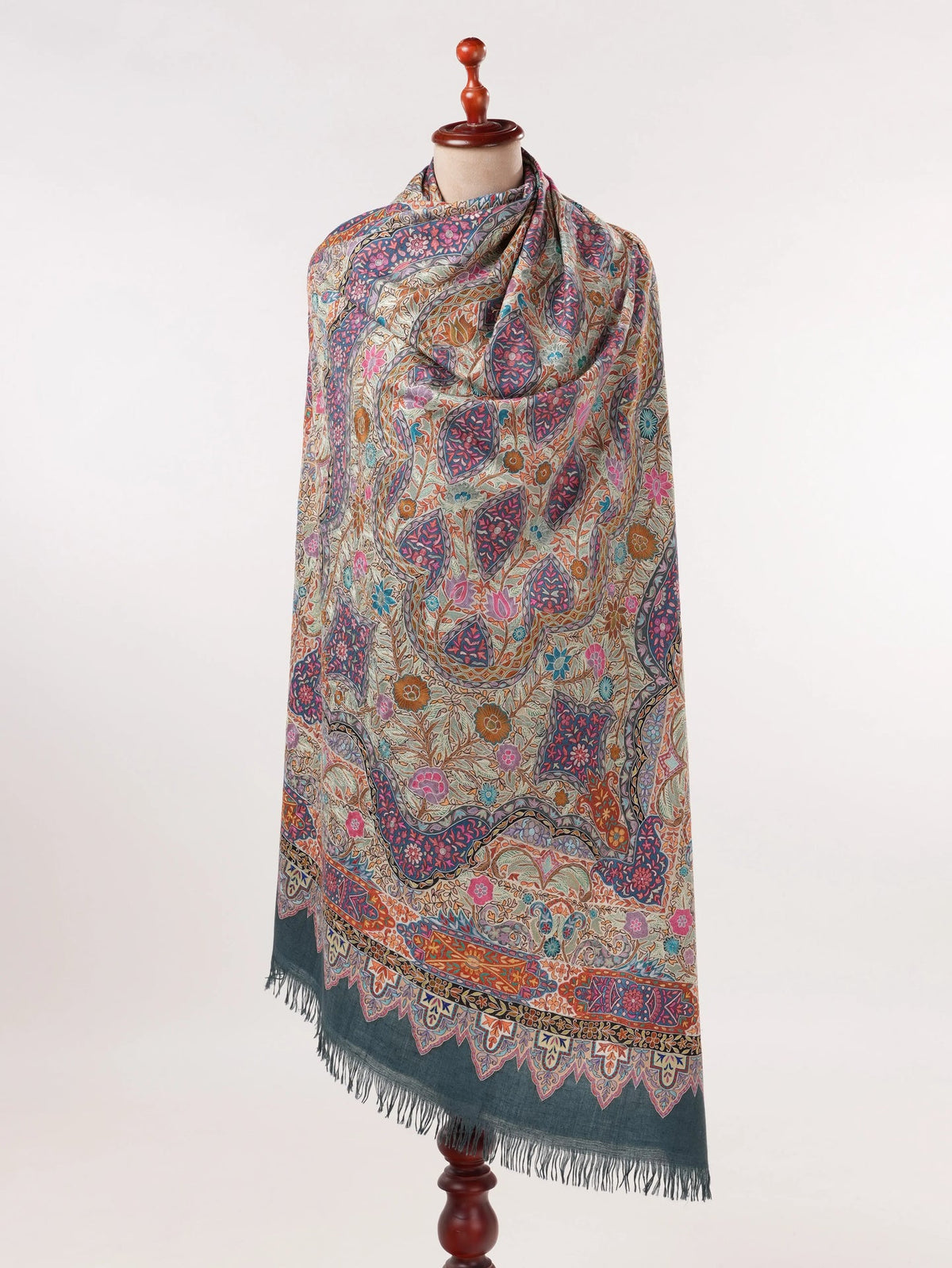 Hand Embroidered Kalamkari Authentic Grey Handwoven Pashmina Shawl Shahkaar.com