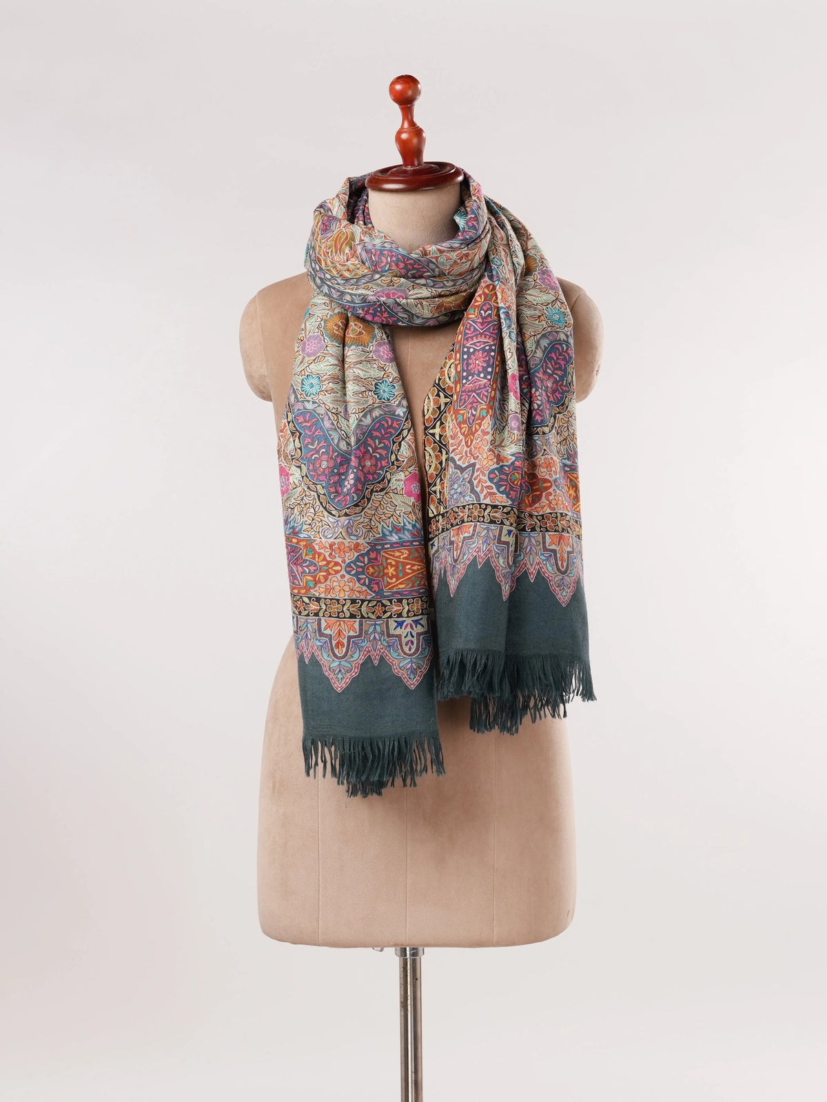 Hand Embroidered Kalamkari Authentic Grey Handwoven Pashmina Shawl Shahkaar.com