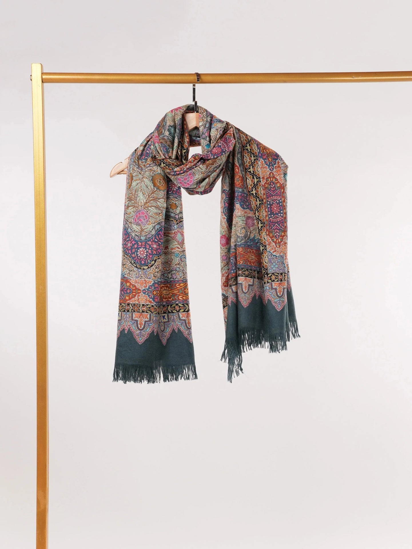 Hand Embroidered Kalamkari Authentic Grey Handwoven Pashmina Shawl Shahkaar.com