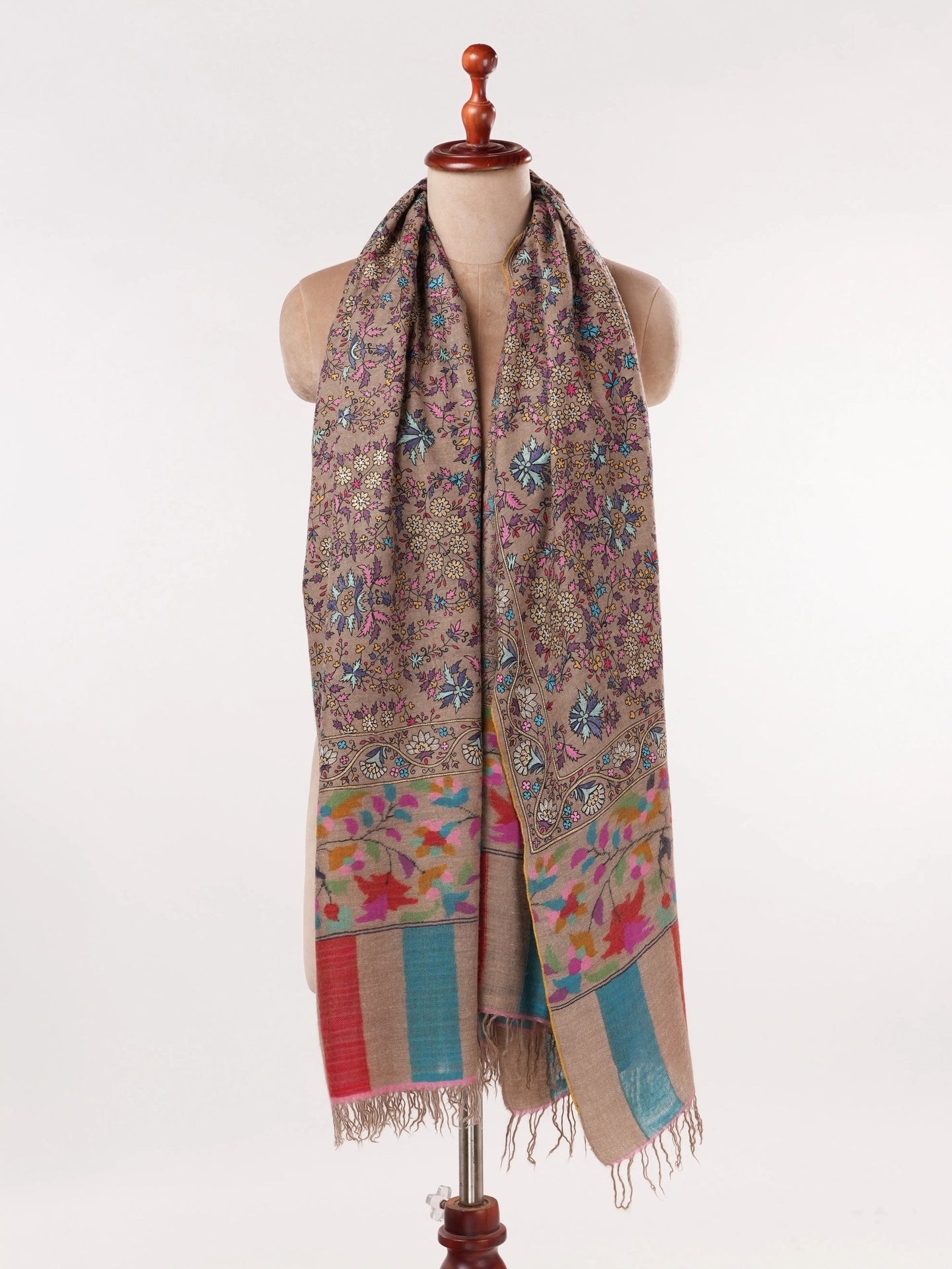 Kalamkari Hand Embroidered Taupe Handwoven Pashmina Shawl Shahkaar.com