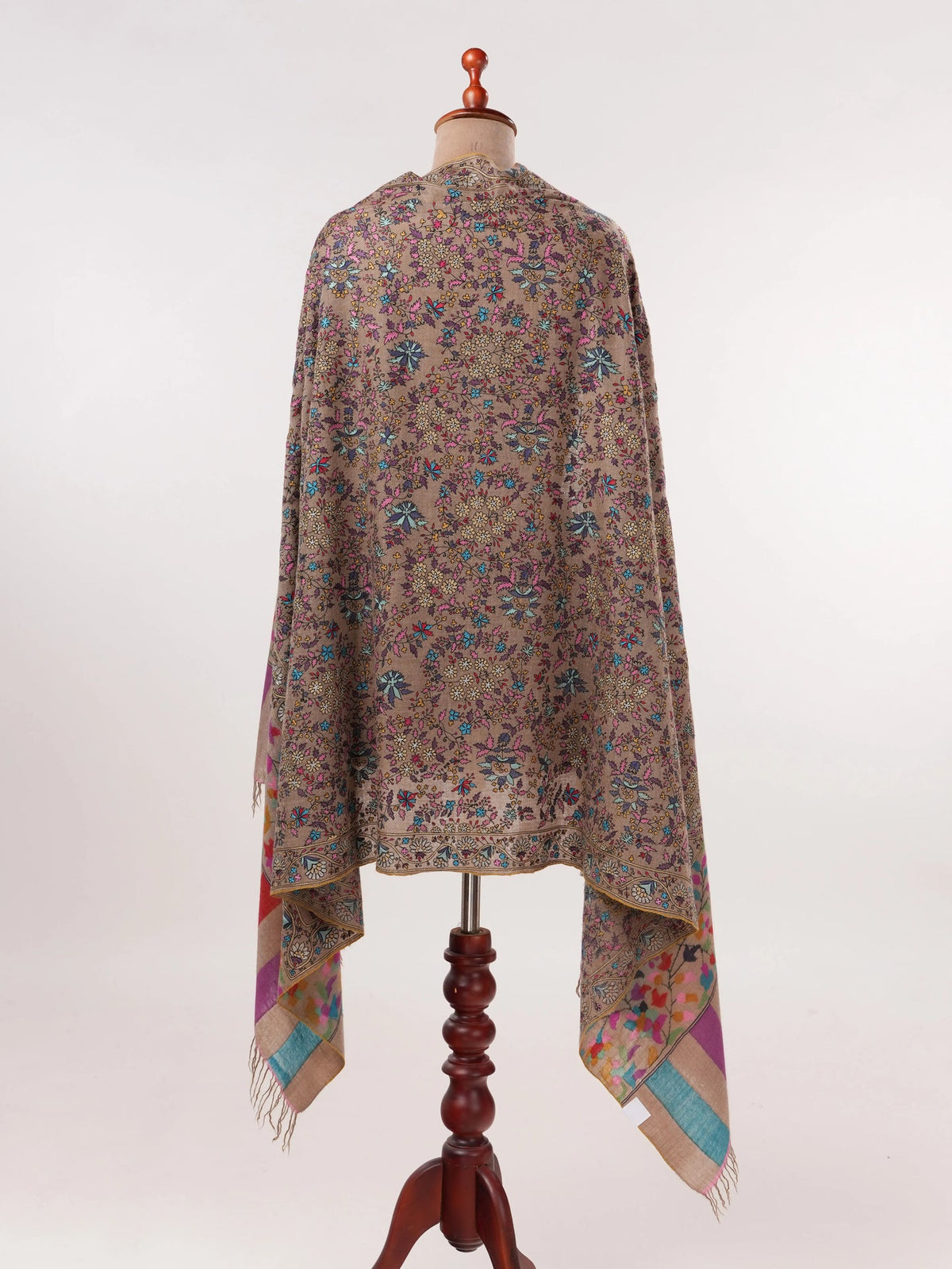 Kalamkari Hand Embroidered Taupe Handwoven Pashmina Shawl Shahkaar.com