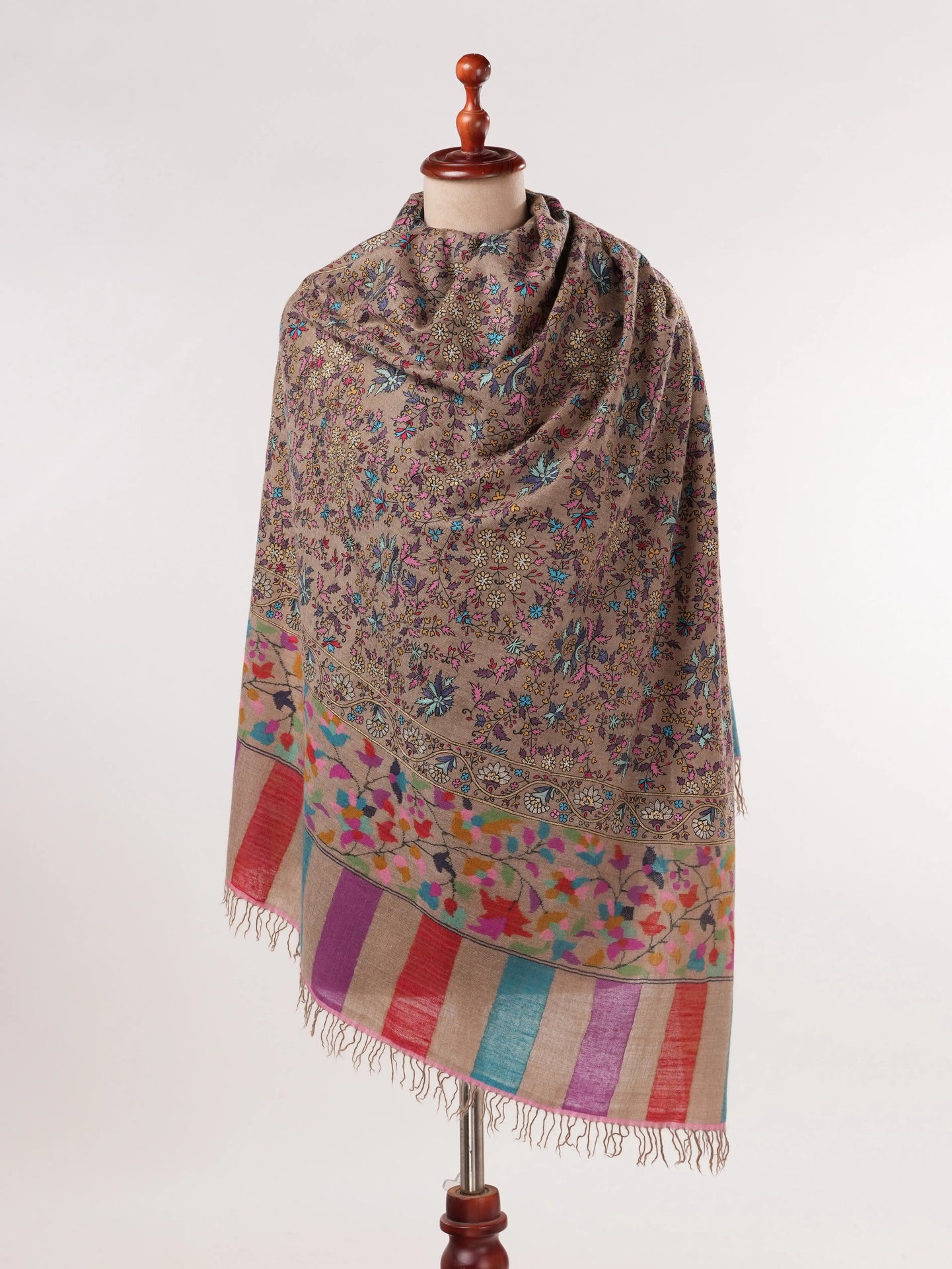 Kalamkari Hand Embroidered Taupe Handwoven Pashmina Shawl Shahkaar.com
