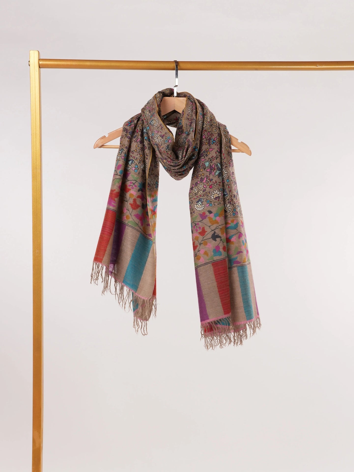 Kalamkari Hand Embroidered Taupe Handwoven Pashmina Shawl Shahkaar.com