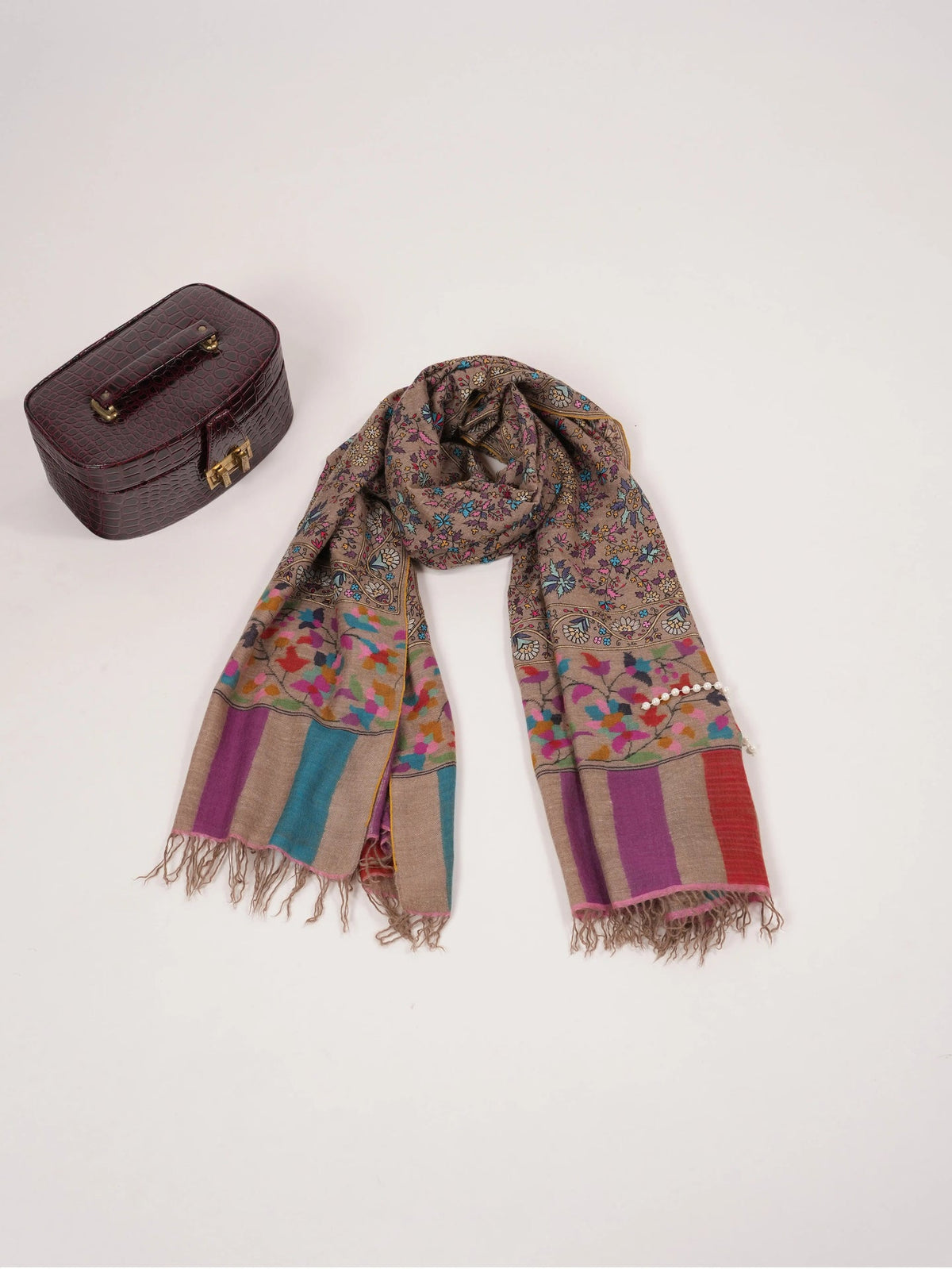 Kalamkari Hand Embroidered Taupe Handwoven Pashmina Shawl Shahkaar.com