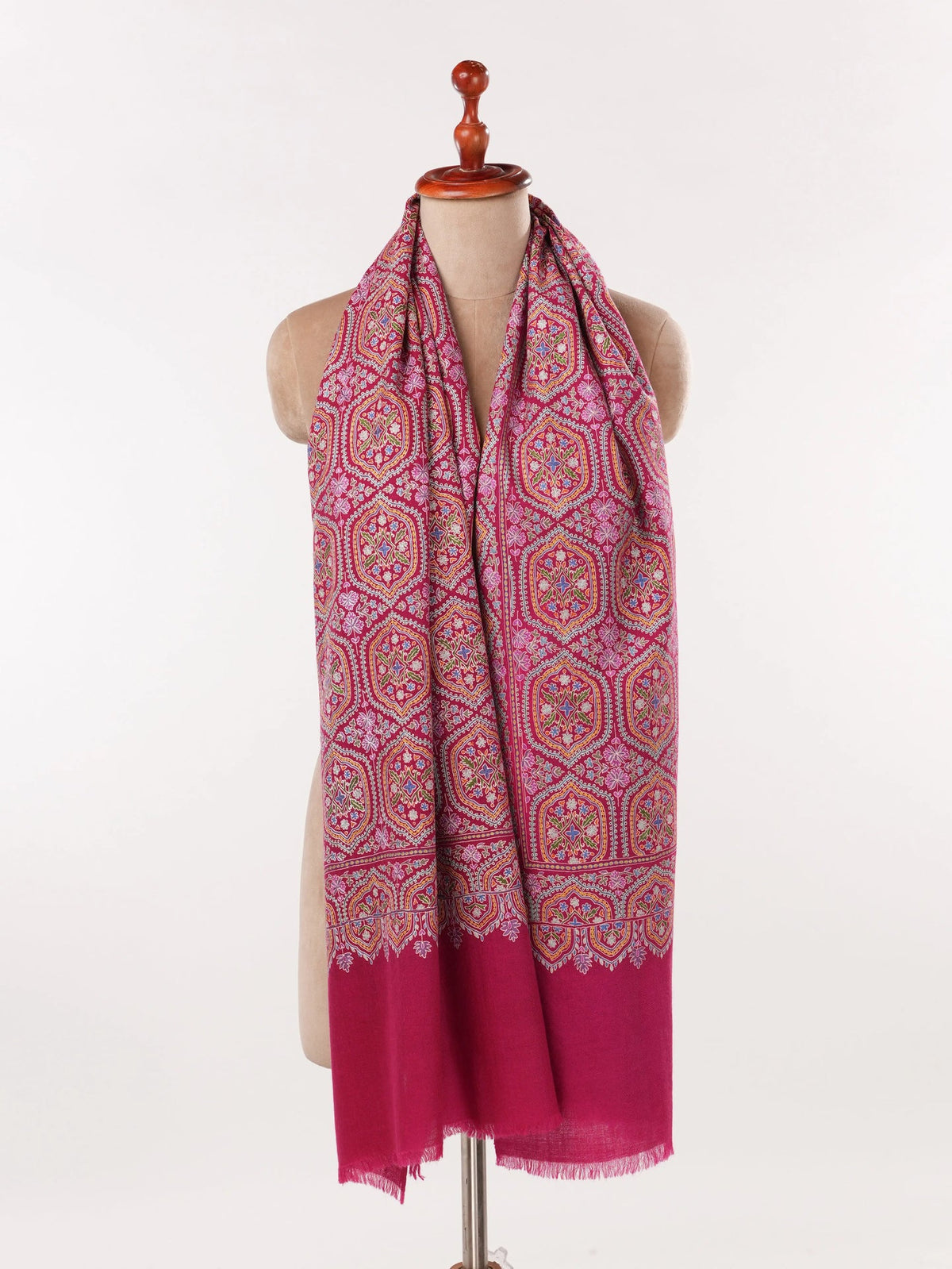 Deep Pink Handwoven Cashmere Scarf with Kalamkari Embroidery