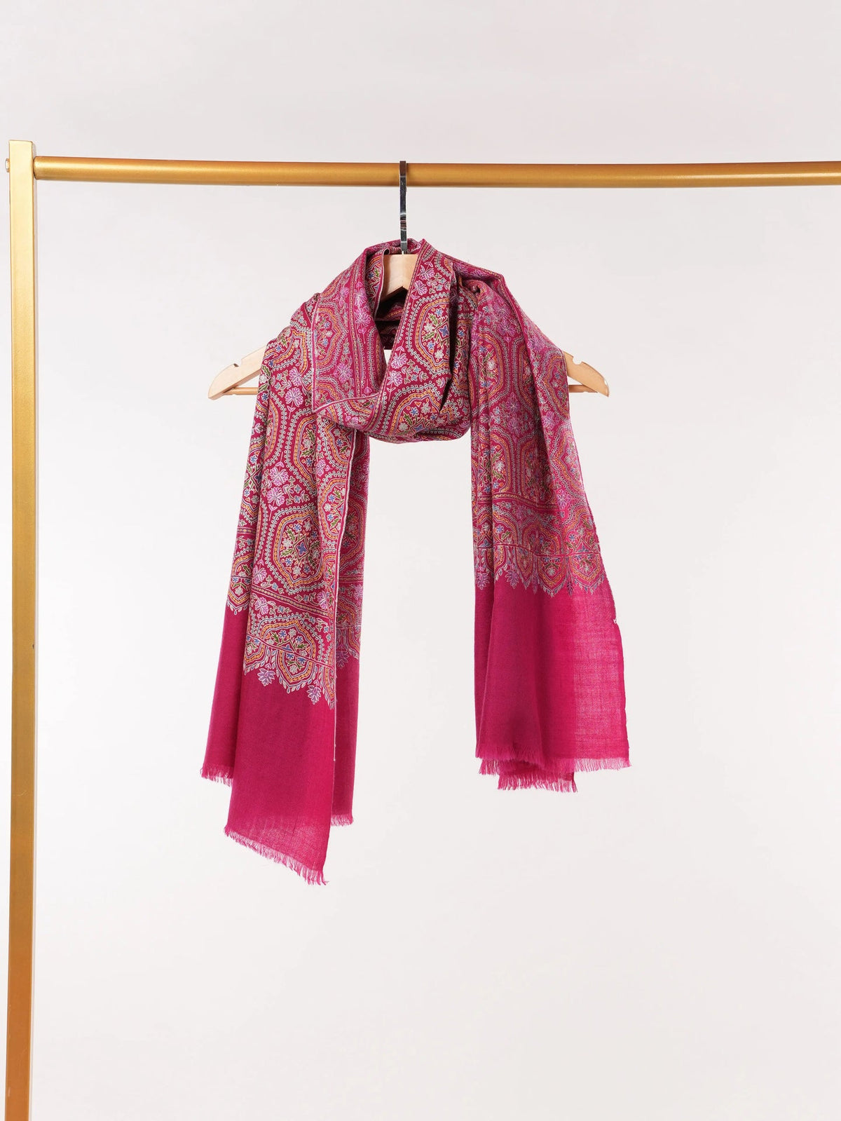 Deep Pink Handwoven Cashmere Scarf with Kalamkari Embroidery