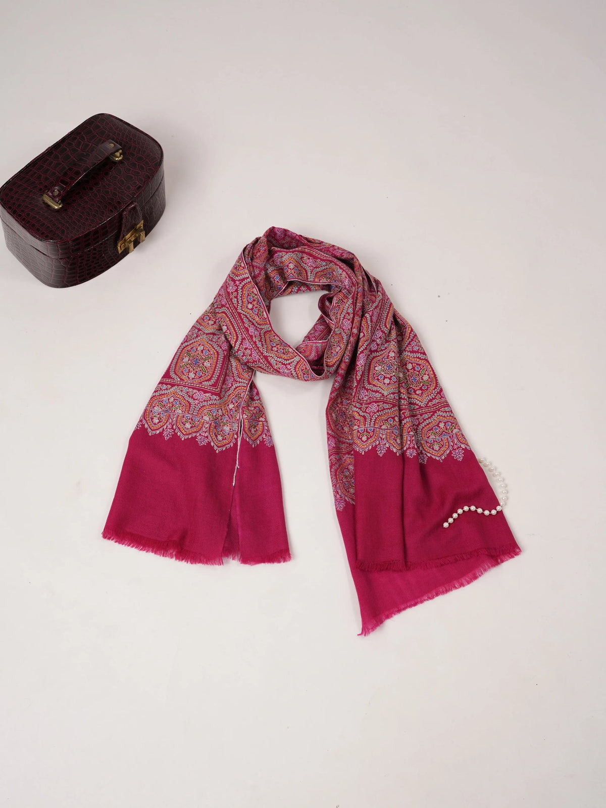 Deep Pink Handwoven Cashmere Scarf with Kalamkari Embroidery