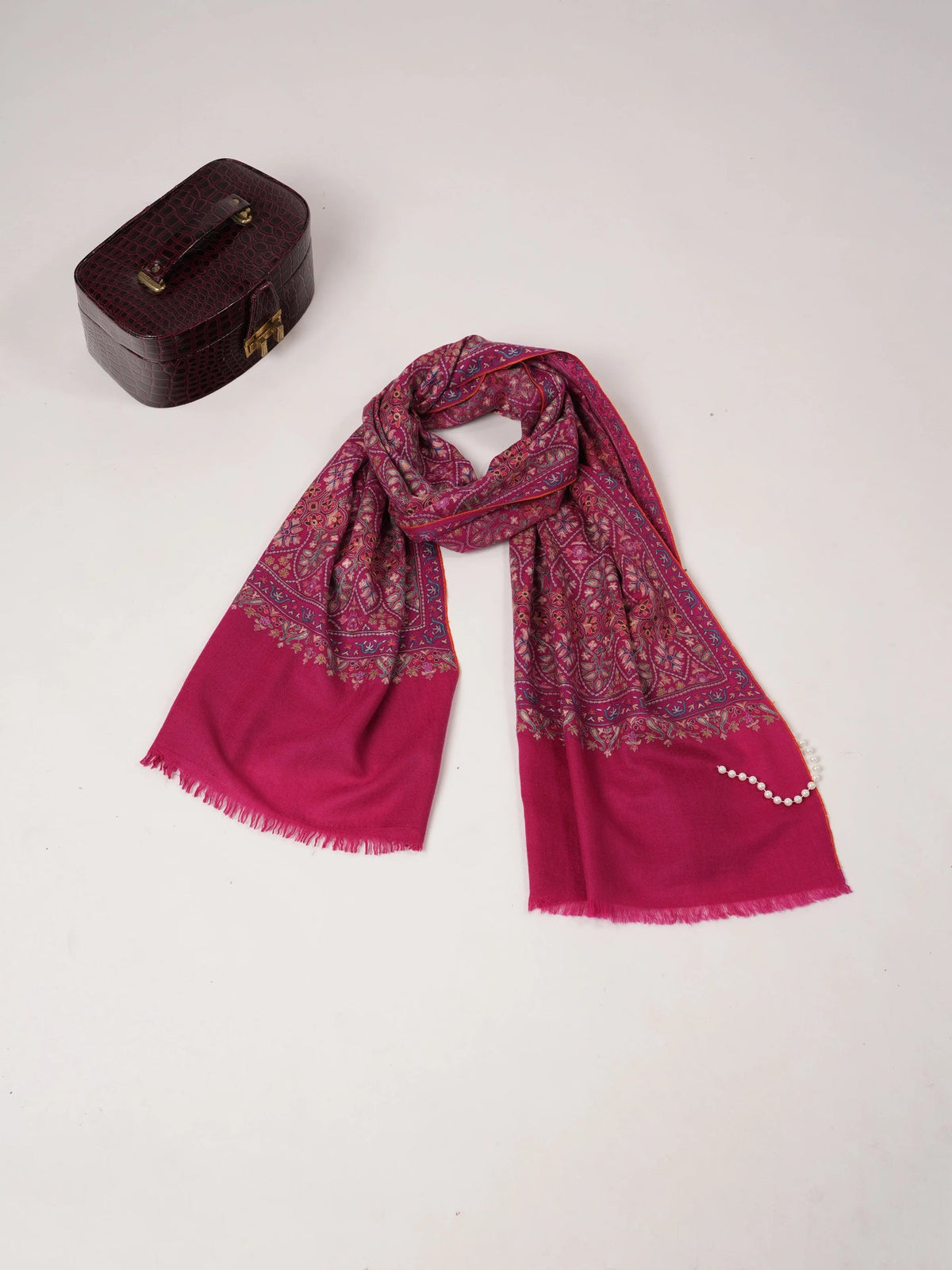 Deep Pink Pure Pashmina Scarf with Hook Embroidery