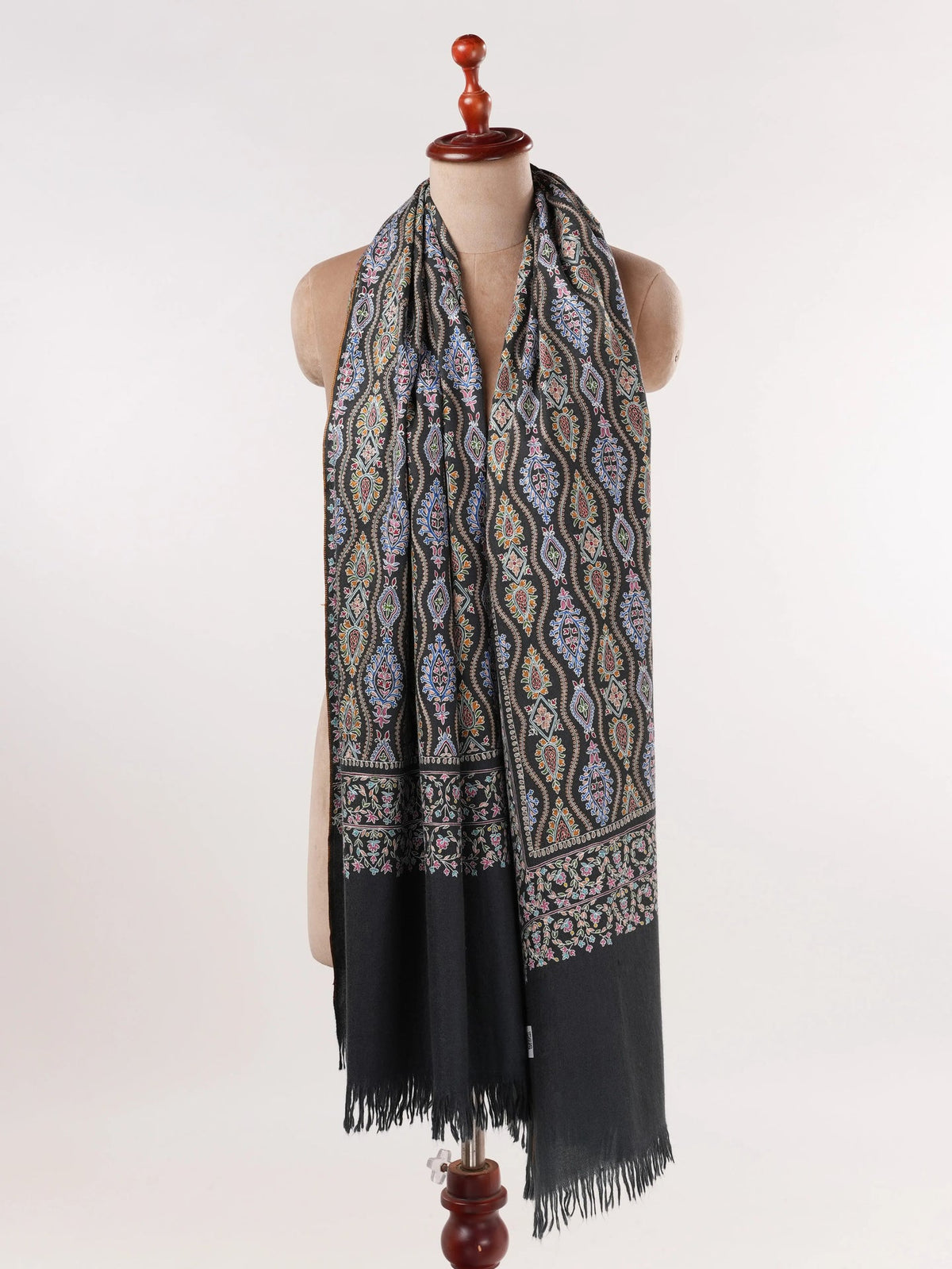 Original Black Kalamkari Handwoven Pashmina Shawl with Hand Embroidery Shahkaar.com