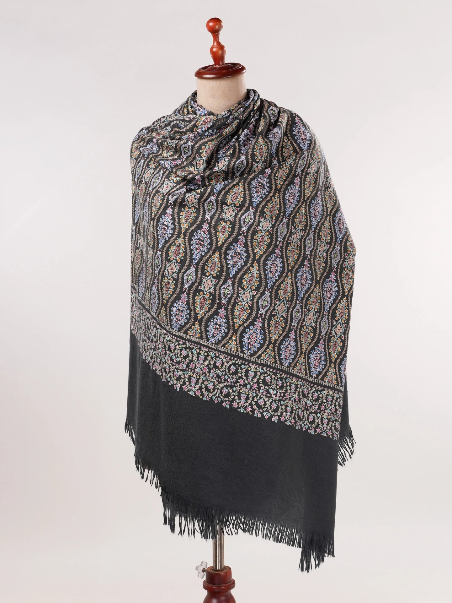 Original Black Kalamkari Handwoven Pashmina Shawl with Hand Embroidery Shahkaar.com