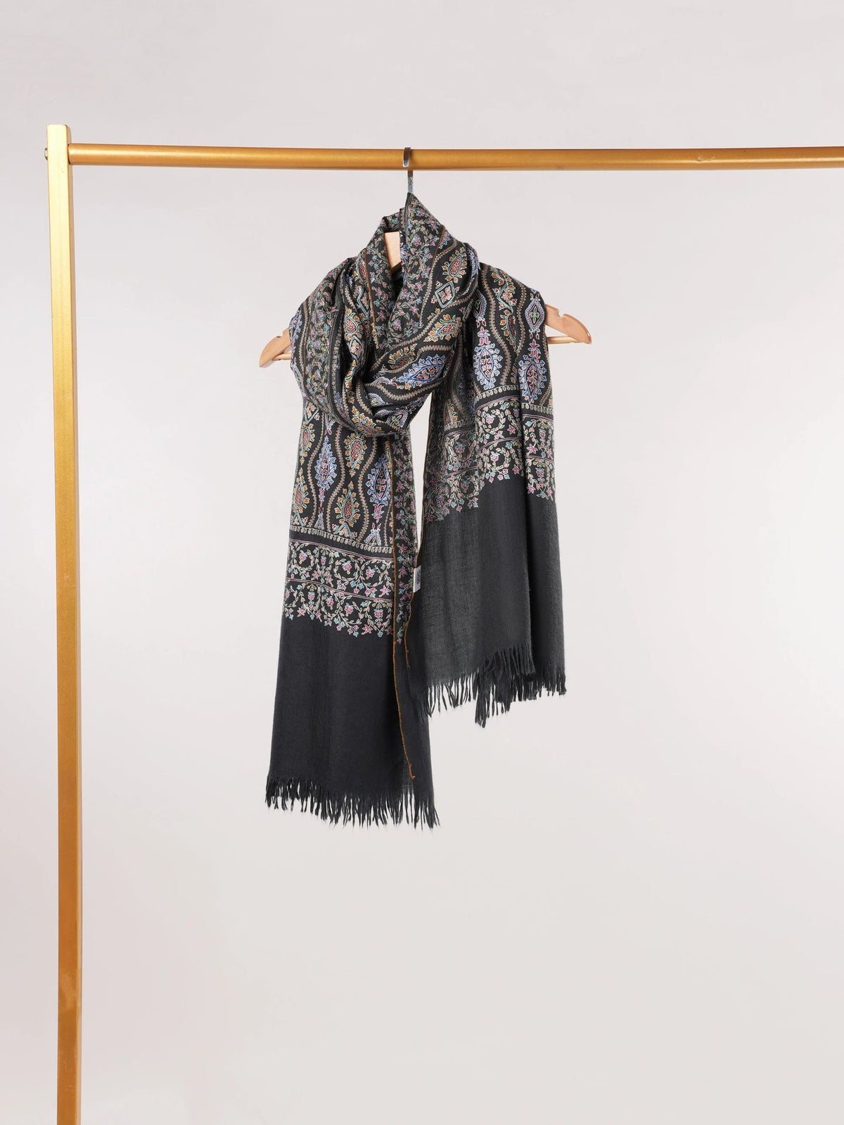 Original Black Kalamkari Handwoven Pashmina Shawl with Hand Embroidery Shahkaar.com