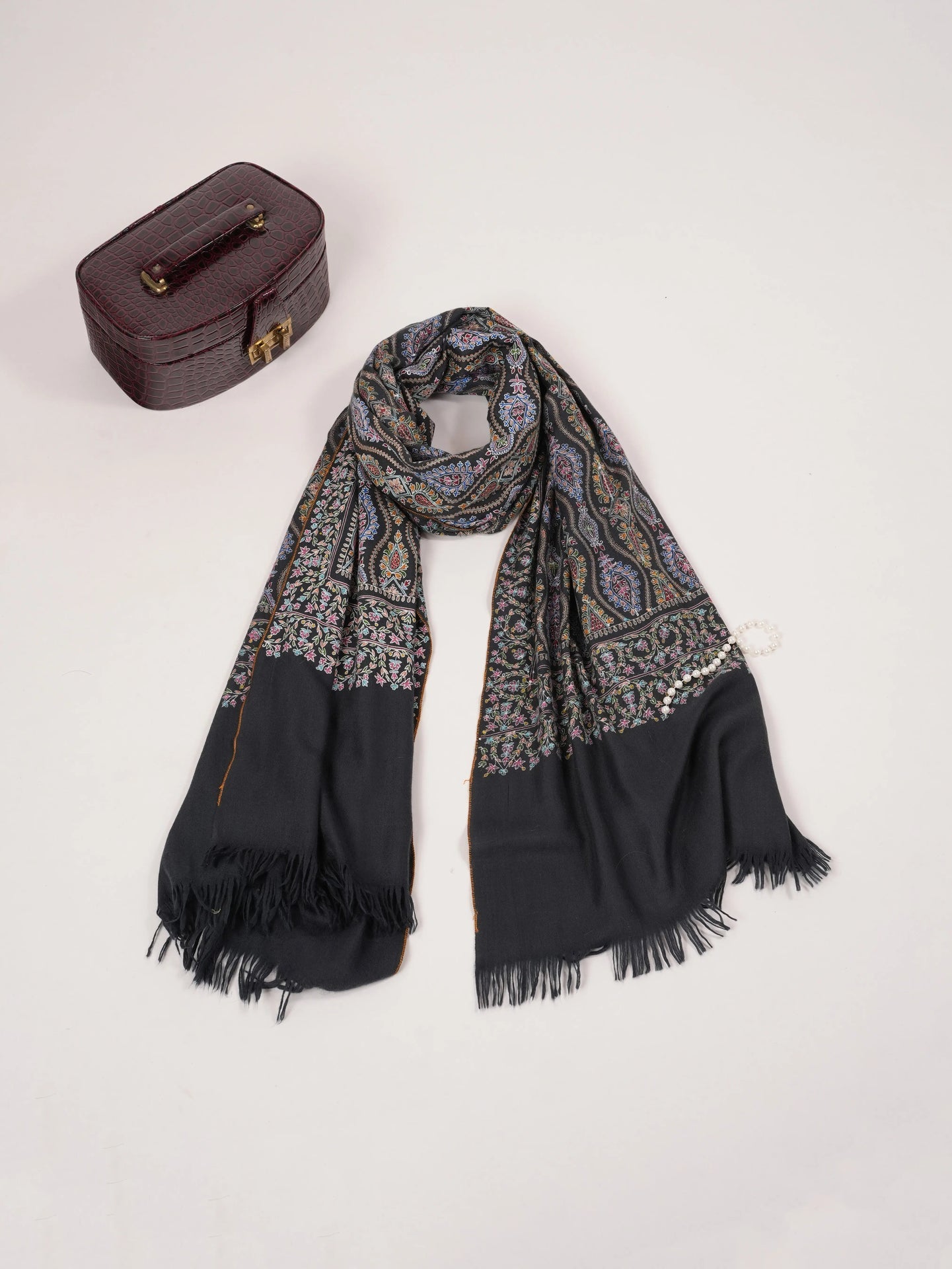 Original Black Kalamkari Handwoven Pashmina Shawl with Hand Embroidery Shahkaar.com