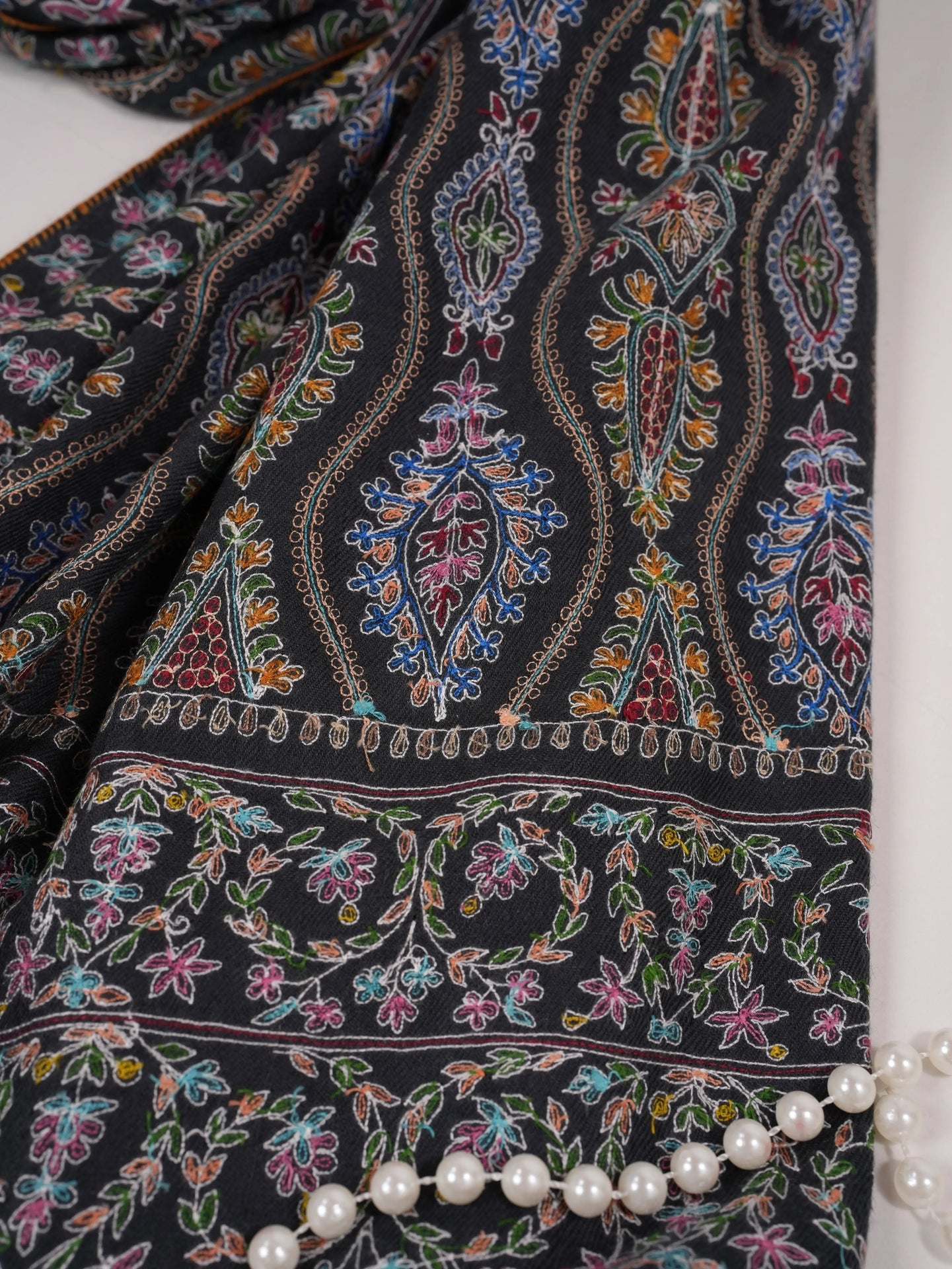 Original Black Kalamkari Handwoven Pashmina Shawl with Hand Embroidery Shahkaar.com
