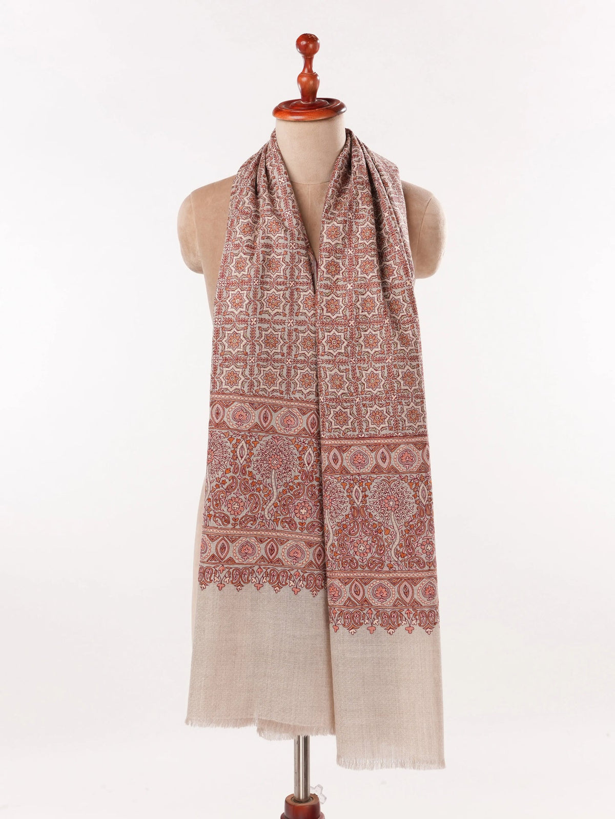 Natural Taupe Authentic Cashmere Scarf with Hook Embroidery