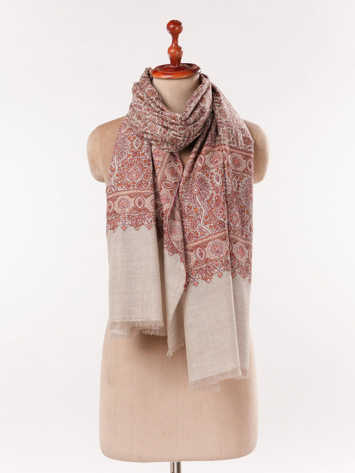 Natural Taupe Authentic Cashmere Scarf with Hook Embroidery