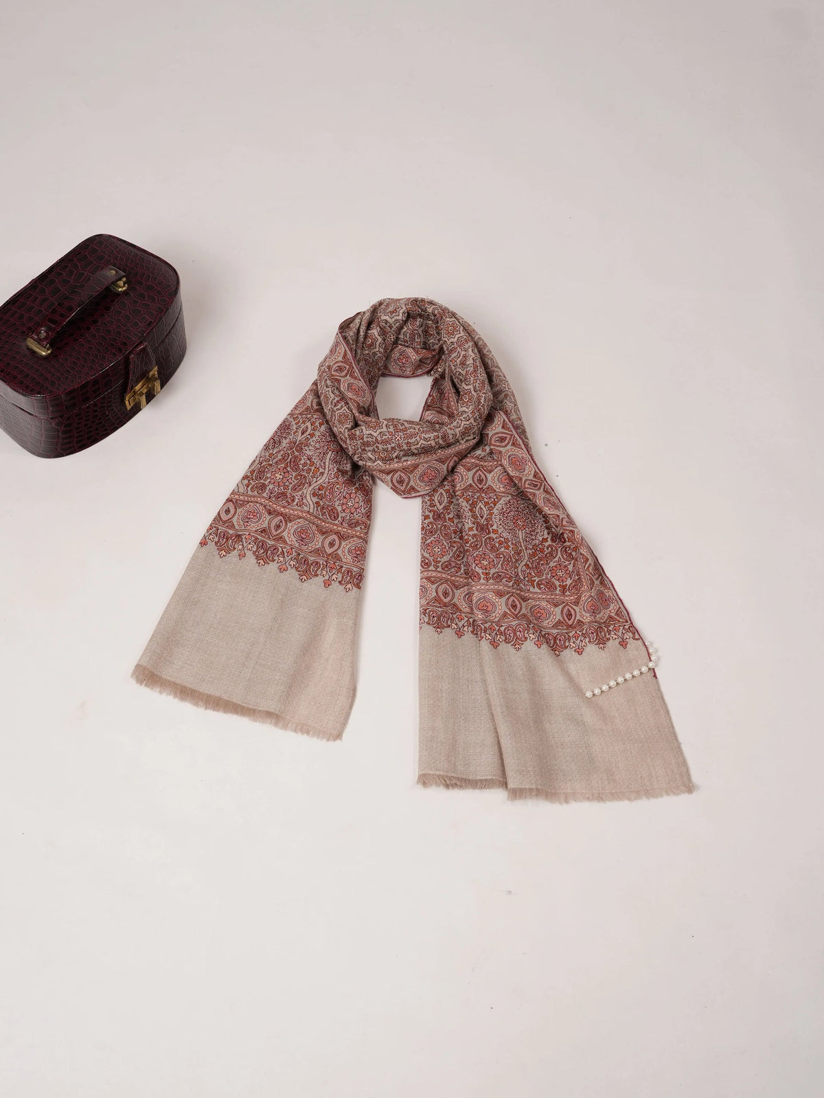 Natural Taupe Authentic Cashmere Scarf with Hook Embroidery