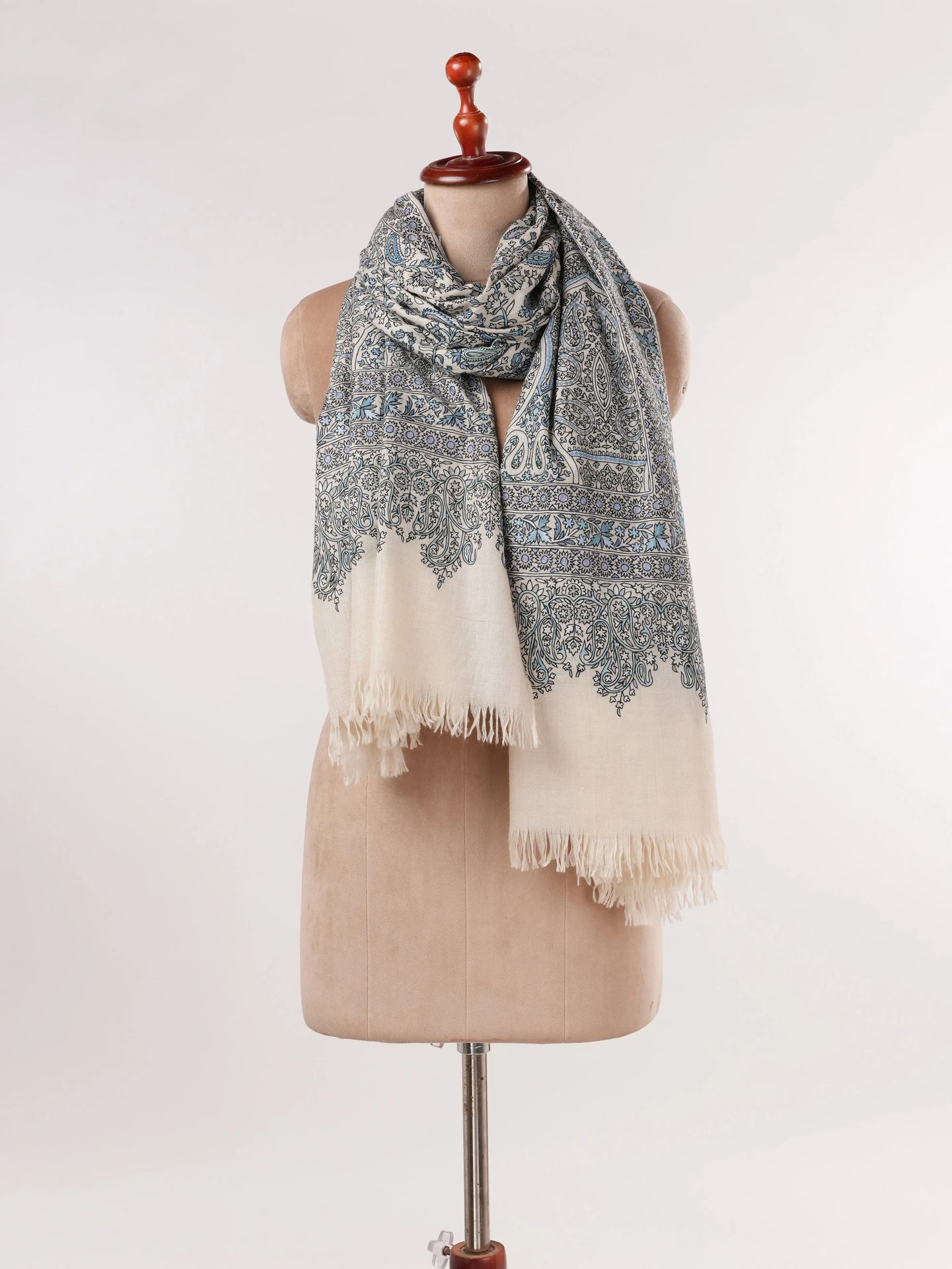 Hand Embroidered Kalamkari Soft Natural White Handwoven Pashmina Shawl Shahkaar.com