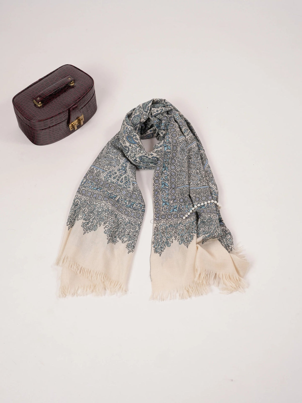 Hand Embroidered Kalamkari Soft Natural White Handwoven Pashmina Shawl Shahkaar.com