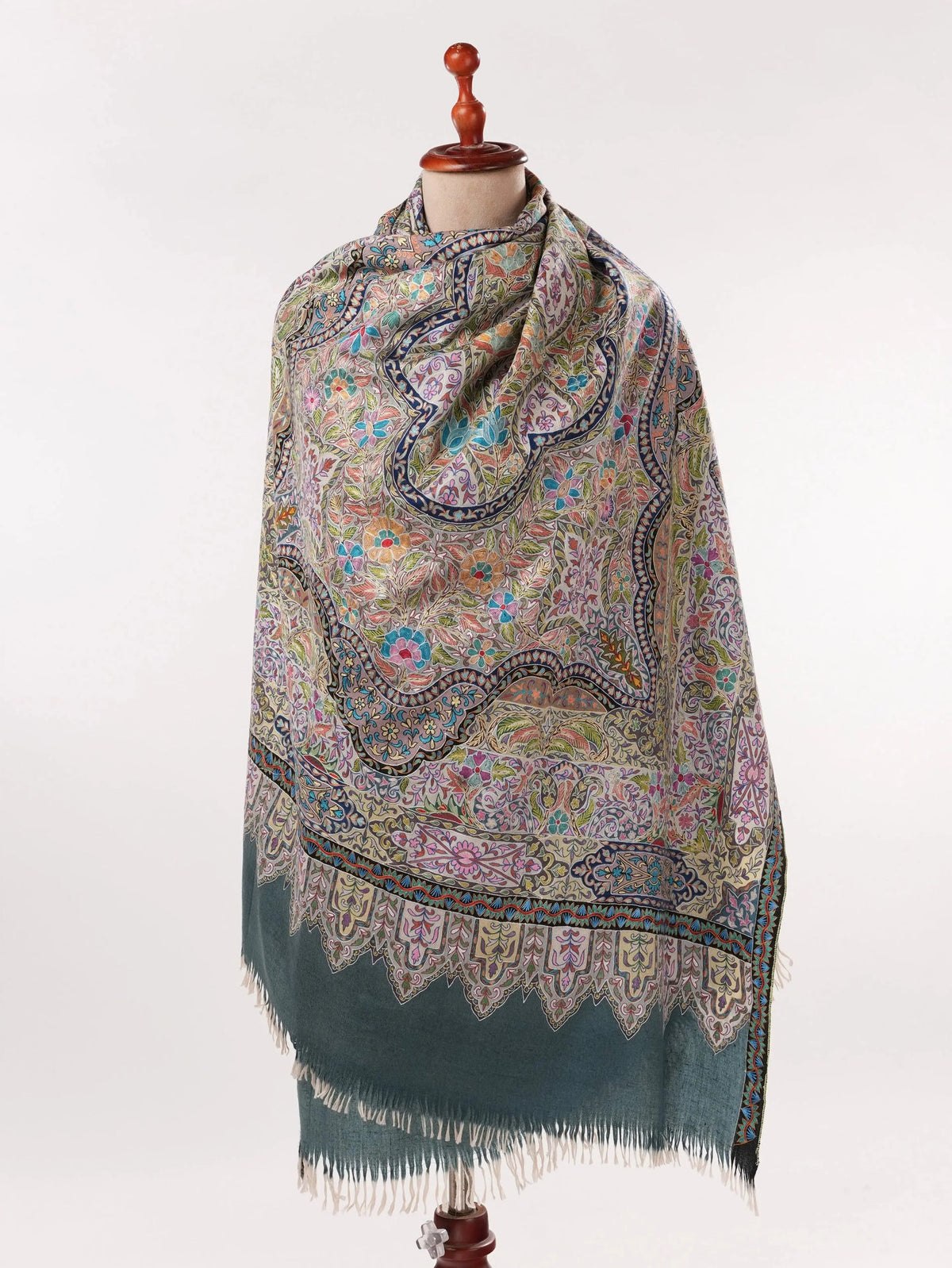 Kalamkari Hand Embroidered Grey Handwoven Pashmina Shawl Shahkaar.com