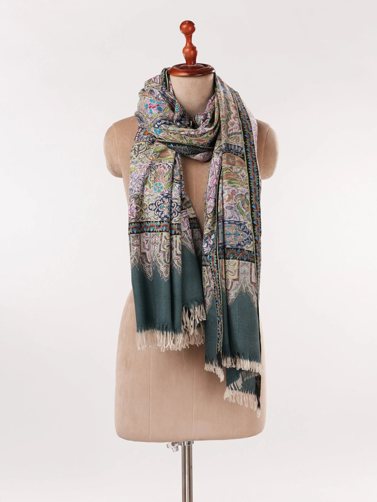Kalamkari Hand Embroidered Grey Handwoven Pashmina Shawl Shahkaar.com