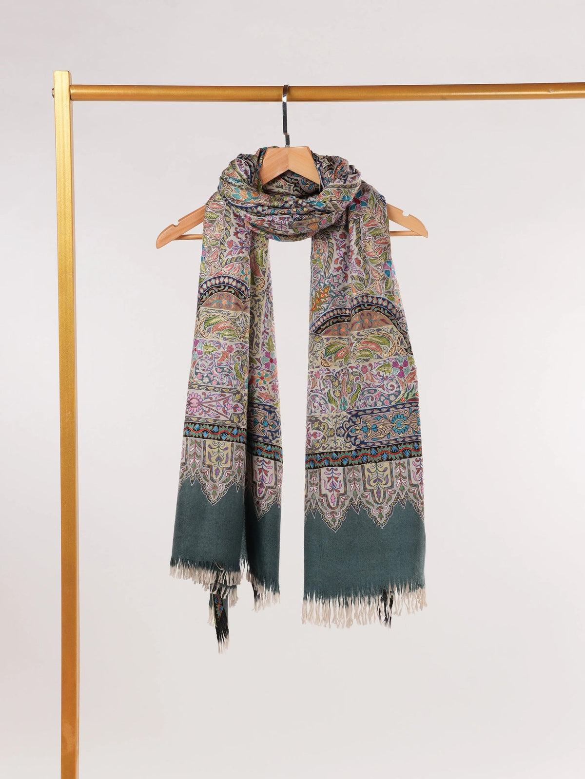 Kalamkari Hand Embroidered Grey Handwoven Pashmina Shawl Shahkaar.com