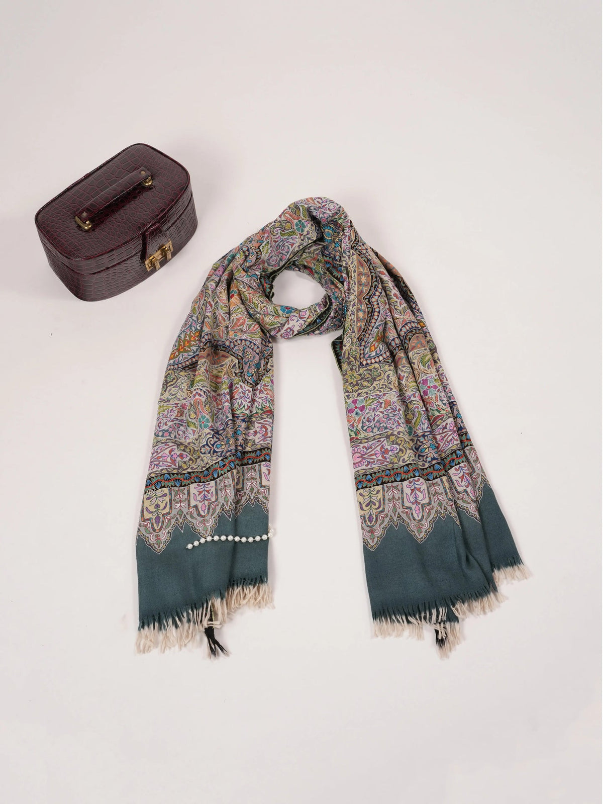 Kalamkari Hand Embroidered Grey Handwoven Pashmina Shawl Shahkaar.com