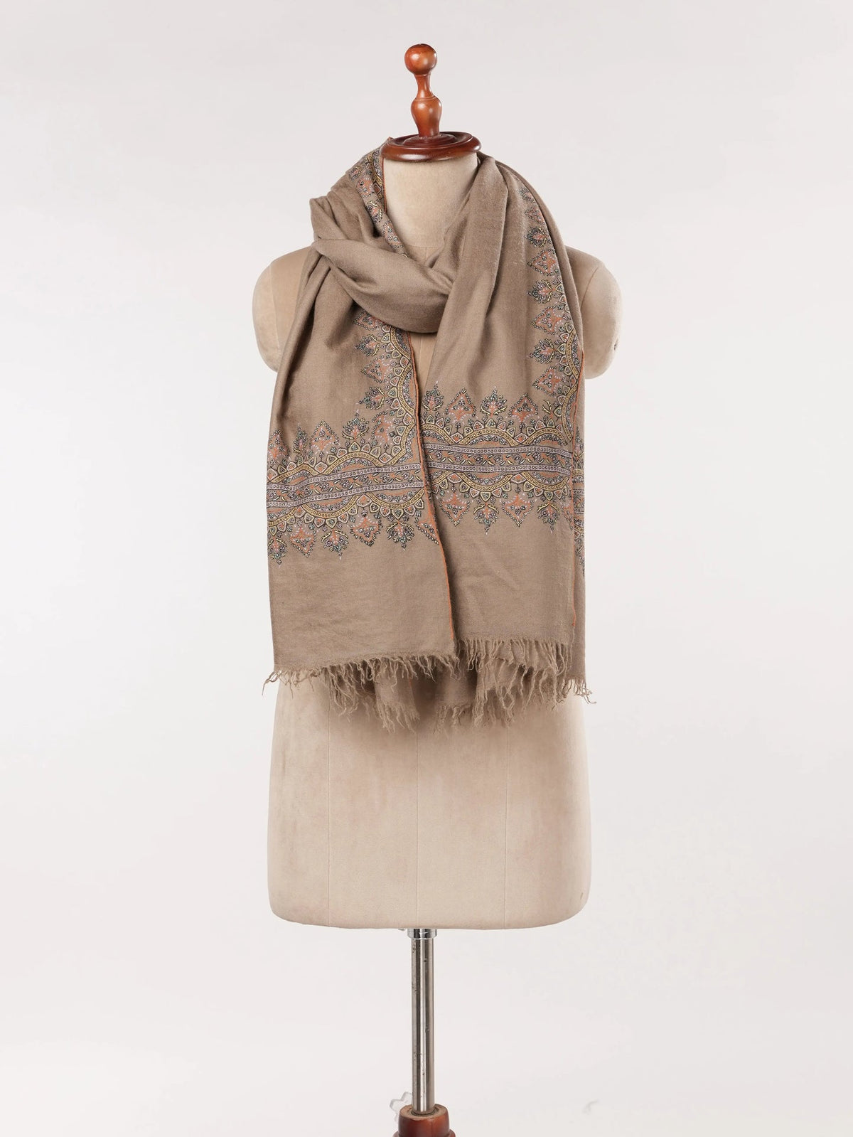 Dark Taupe Kashmiri Handwoven Pashmina Shawl with Hand Palla Embroidery Shahkaar.com