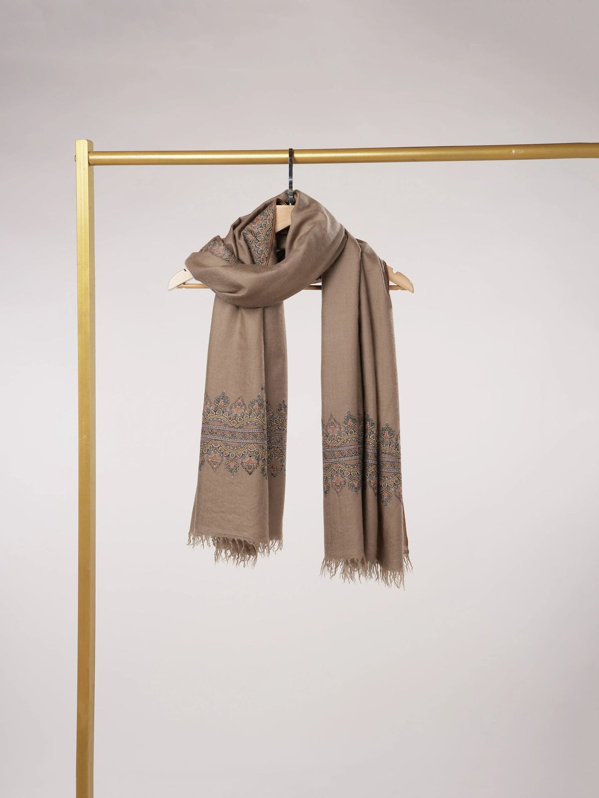 Dark Taupe Kashmiri Handwoven Pashmina Shawl with Hand Palla Embroidery Shahkaar.com