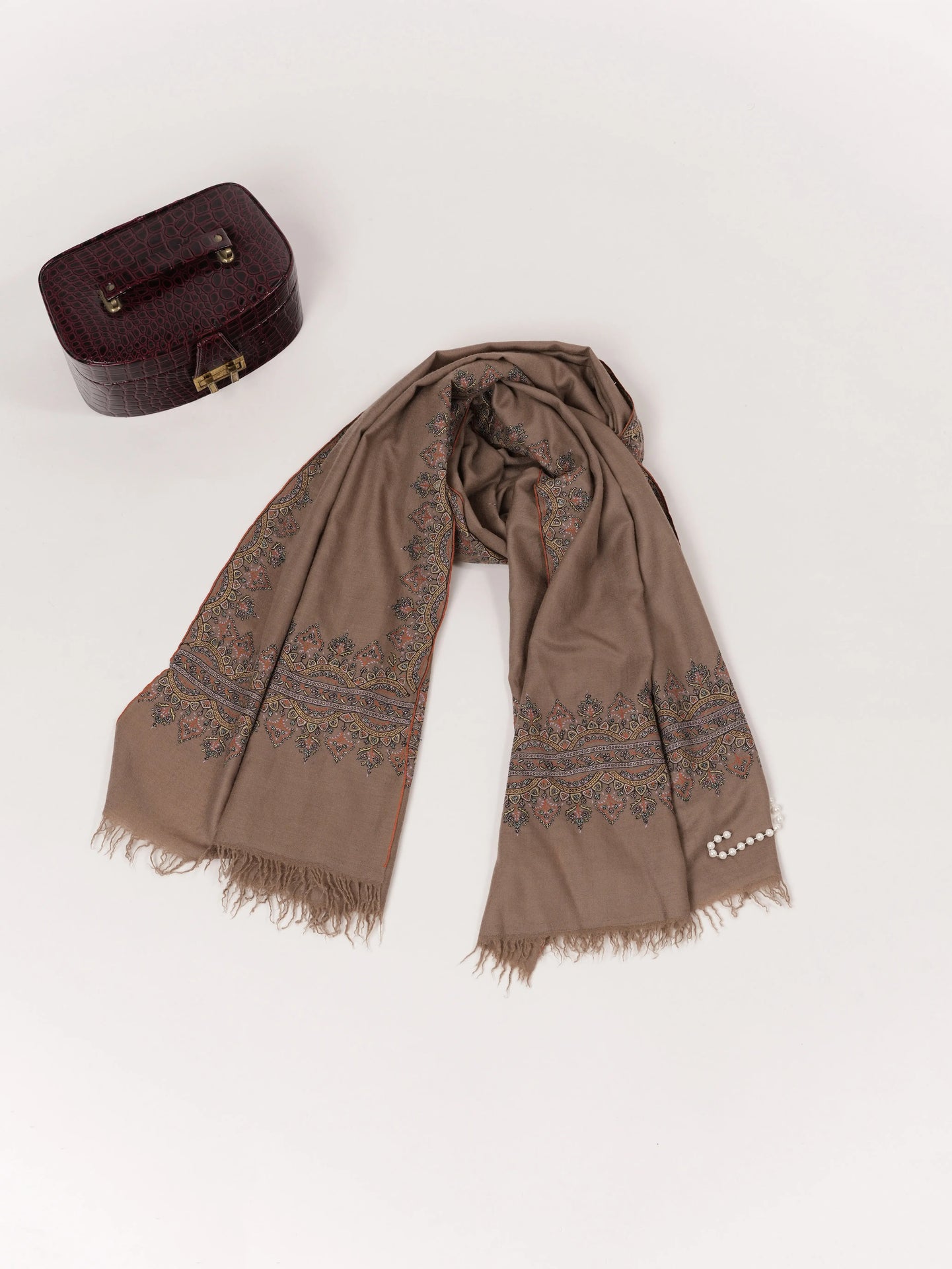Dark Taupe Kashmiri Handwoven Pashmina Shawl with Hand Palla Embroidery Shahkaar.com