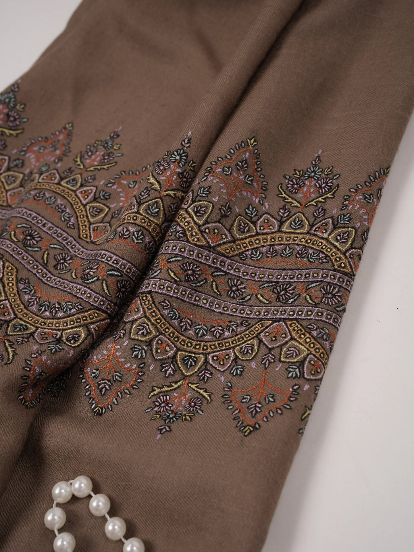 Dark Taupe Kashmiri Handwoven Pashmina Shawl with Hand Palla Embroidery Shahkaar.com