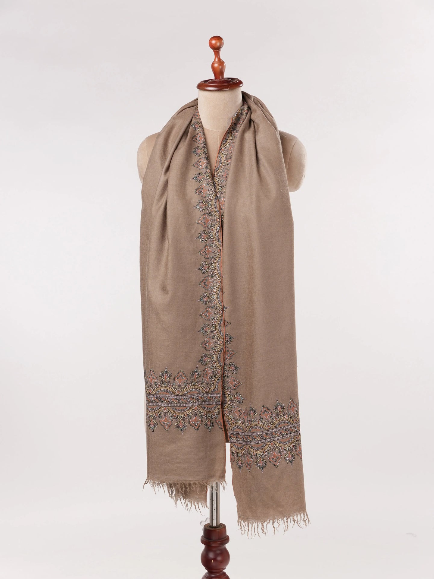 Dark Taupe Kashmiri Handwoven Pashmina Shawl with Hand Palla Embroidery Shahkaar.com