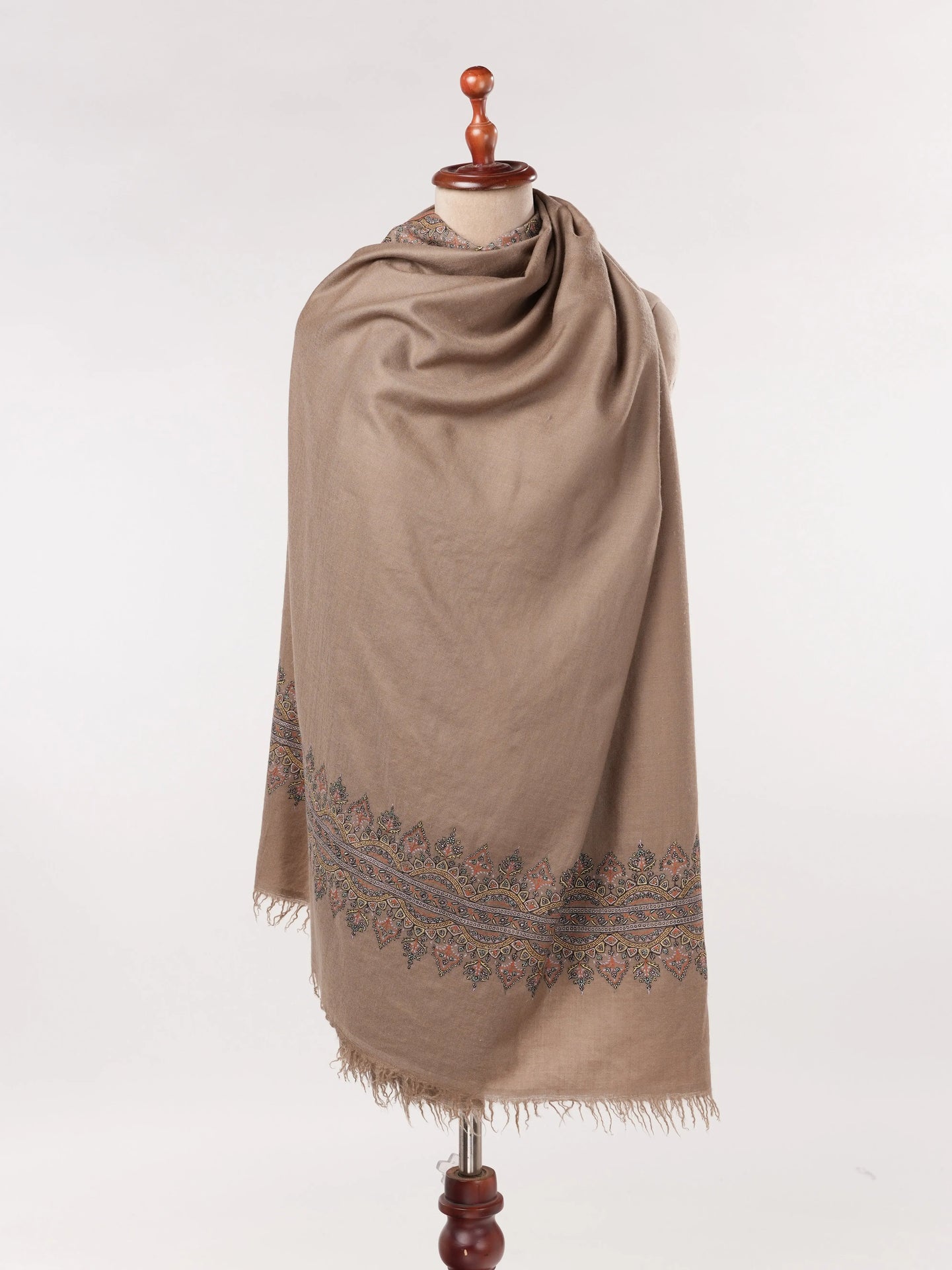 Dark Taupe Kashmiri Handwoven Pashmina Shawl with Hand Palla Embroidery Shahkaar.com